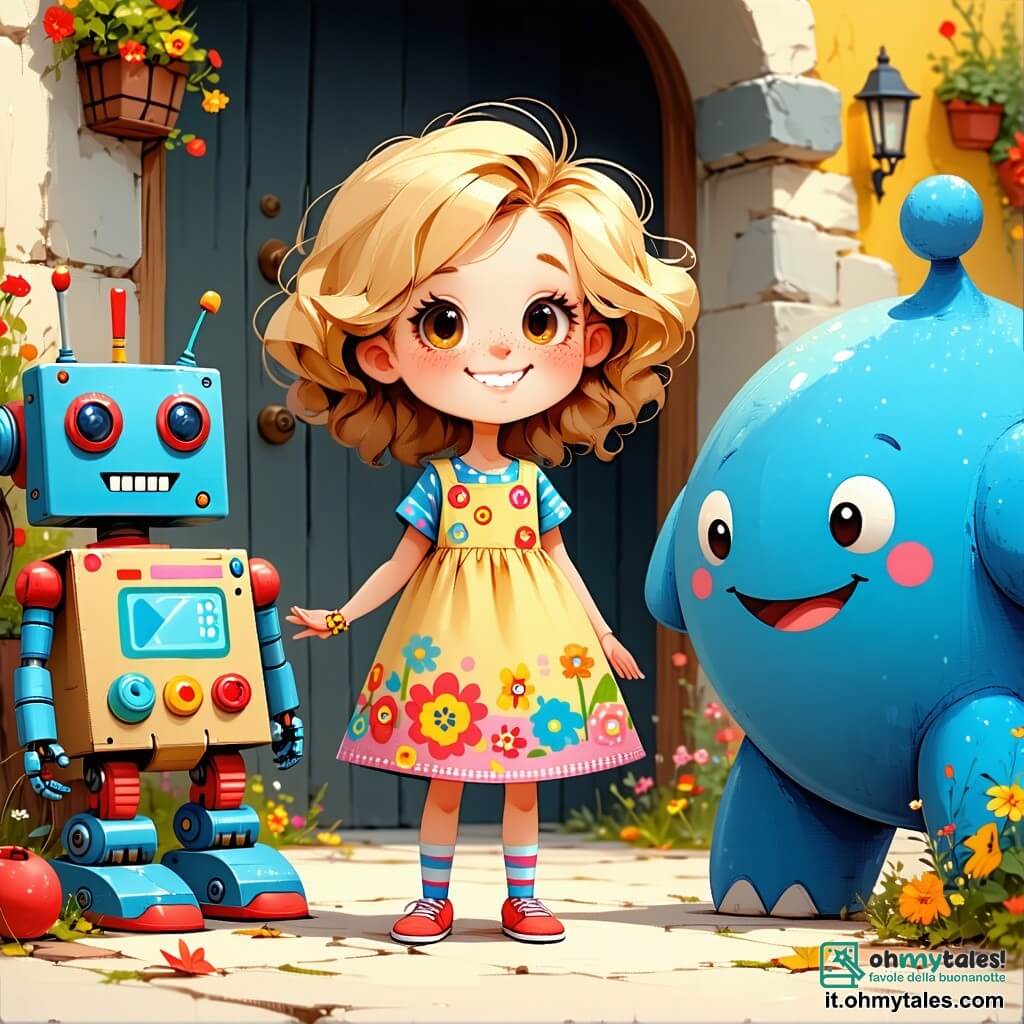 Una ragazza di 10 anni, di nome Giulia, si trova al centro del palco con un grande sorriso sul viso e gli occhi brillanti di curiosità. Ha capelli ricci e dorati, indossa un vestito colorato con motivi floreali e tiene un robot di cartone con occhi a bottoni che sorride. Accanto a lei c'è il Signor Calzino, un calzino gigante blu, con un grande sorriso e braccia a forma di calzini, che balla allegramente su un piede. Più in là, un enorme pallone da calcio, con un'espressione amichevole, lancia calzini in aria, creando un'atmosfera festosa. Lo sfondo è un mondo fantastico, con un cielo verde brillante e nuvole di zucchero filato, pieno di colori vivaci e oggetti stravaganti che fluttuano, come pesci volanti e scope volanti. La scena principale mostra Giulia e i suoi amici mentre preparano il loro spettacolo di talenti, con risate e gioia, mentre il robot racconta barzellette e il pallone jongla con i calzini, catturando l'attenzione di una folla di oggetti animati che li circondano.