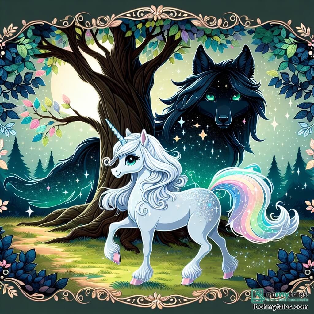 Al centro dell'immagine, una magnifica unicorno di nome Luminia si erge orgogliosamente. Ha un manto bianco splendente, una criniera scintillante d'argento e un corno arcobaleno che brilla alla luce. La sua espressione è curiosa e determinata, con grandi occhi pieni di magia e avventura. Luminia galoppa gioiosamente attraverso una radura incantata. Alla sua destra, un maestoso lupo nero con occhi verdi smeraldo osserva attentamente Luminia, apparendo protettivo e saggio, pronto a accompagnarla nella sua avventura. Sullo sfondo, l'Antico Spirito del Bosco, una silhouette eterea fatta di luce scintillante, fluttua dolcemente vicino a una grande quercia, guidando Luminia con una melodia dolce. Il luogo è una radura magica, circondata da alberi con foglie multicolori che brillano come gemme al sole, e fiori cantanti dai colori vivaci che punteggiano il terreno, creando un'atmosfera fiabesca. La scena principale mostra Luminia pronta a seguire il sentiero luminoso indicato dall'Antico Spirito, desiderosa di scoprire la fonte dell'arcobaleno, mentre il lupo la osserva con ammirazione, pronto a accompagnarla in questa straordinaria avventura.