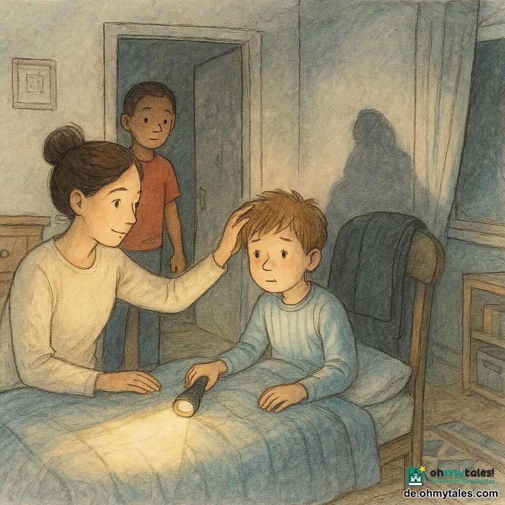 Drei Personen: Milo, 7 Jahre, hellbraune zerzauste Haare, hellblau gestreifter Schlafanzug, sitzt rechts im Bett und hält eine eingeschaltete Taschenlampe, die einen sanften Lichtkegel auf die Decke wirft; Mama, Ende 30, Dutt, cremefarbener Pullover, sitzt links am Bettrand, Hand im Haar, ruhiger fürsorglicher Blick zu Milo; Ben, 7 Jahre, kurze braune Haare, rotes T‑Shirt, steht im Türrahmen hinten links mit einer Trinkflasche, mitfühlend-neugieriger Ausdruck. Ort: ordentliches, gemütliches Kinderzimmer mit geometrischem Teppich, hellem Holzkommode links, kleinem Regal mit Büchern und Spielschachtel unten rechts, halbtransparentem Vorhang, der Mondlicht hereinlässt; dunklere Ecke des Schranks hinten mit einer langen Schattenfigur an der Wand. Situation: nächtliche, warme Szene, in der Milo lernt, keine Angst vor der Dunkelheit zu haben — die Taschenlampe beleuchtet einen Sessel und eine Jacke, die zuvor bedrohlich wirkten, lange klare Schatten schaffen Kontrast; Komposition zentriert auf das Lampenlicht und die Blicke der Figuren.