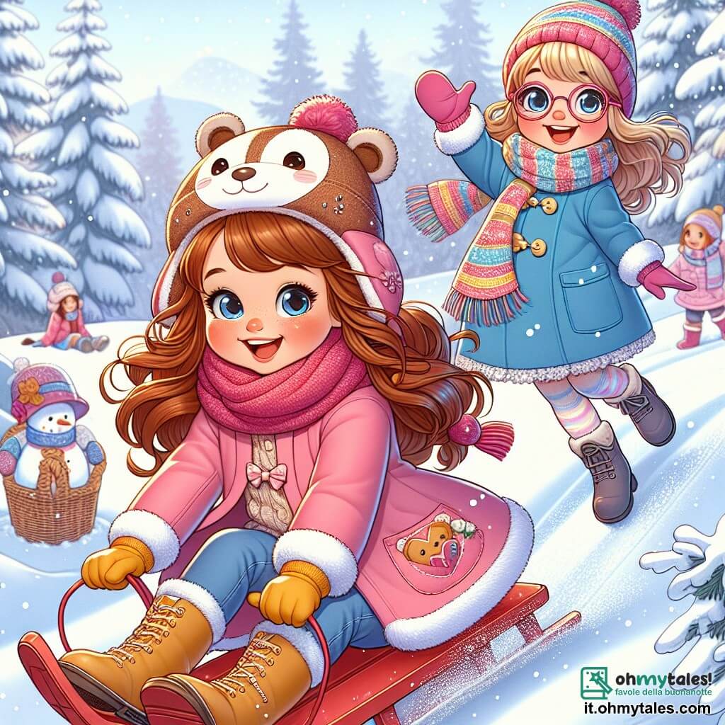 Una ragazza di 7 anni, Sofia, con lunghi capelli castani e guance rosa, indossa un bel cappotto rosa, un cappello a forma di orso e guanti gialli. Sorride con meraviglia, gli occhi brillanti di gioia, mentre scivola giù per una piccola collina innevata con una slitta rossa. Accanto a lei, un'altra ragazza, Lisa, di 8 anni, con capelli biondi e occhiali, la incoraggia con un cenno della mano, vestita con un cappotto blu e una sciarpa colorata. Lo scenario è un magico parco invernale, pieno di neve scintillante sotto il sole, con alberi coperti di brina e altri bambini che giocano sullo sfondo, costruendo pupazzi di neve e facendo battaglie di palle di neve. La scena principale mostra Sofia pronta a scendere dalla collina sulla sua slitta, piena di eccitazione e felicità, mentre la neve vortica intorno a lei, creando un'atmosfera gioiosa e festosa.