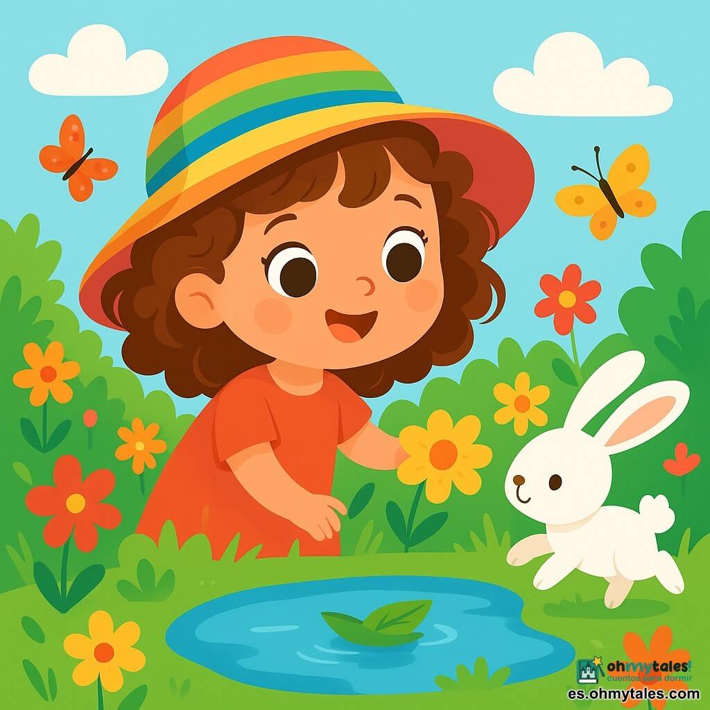 Una niña de 2 años, con grandes ojos brillantes y cabello rizado, lleva un gran sombrero colorido y una sonrisa alegre. Explora un jardín lleno de flores vibrantes, tocando delicadamente los pétalos con asombro. Cerca, un pequeño conejo blanco de grandes orejas salta alegremente en la hierba verde, mirando a la niña con curiosidad. El jardín es un lugar mágico, lleno de flores de colores vivos, mariposas volando y un pequeño charco que refleja el cielo azul. La niña se divierte haciendo flotar una hoja en el agua, riendo de alegría mientras su pequeño barco de hojas navega suavemente, llevando sus sueños de aventurera.