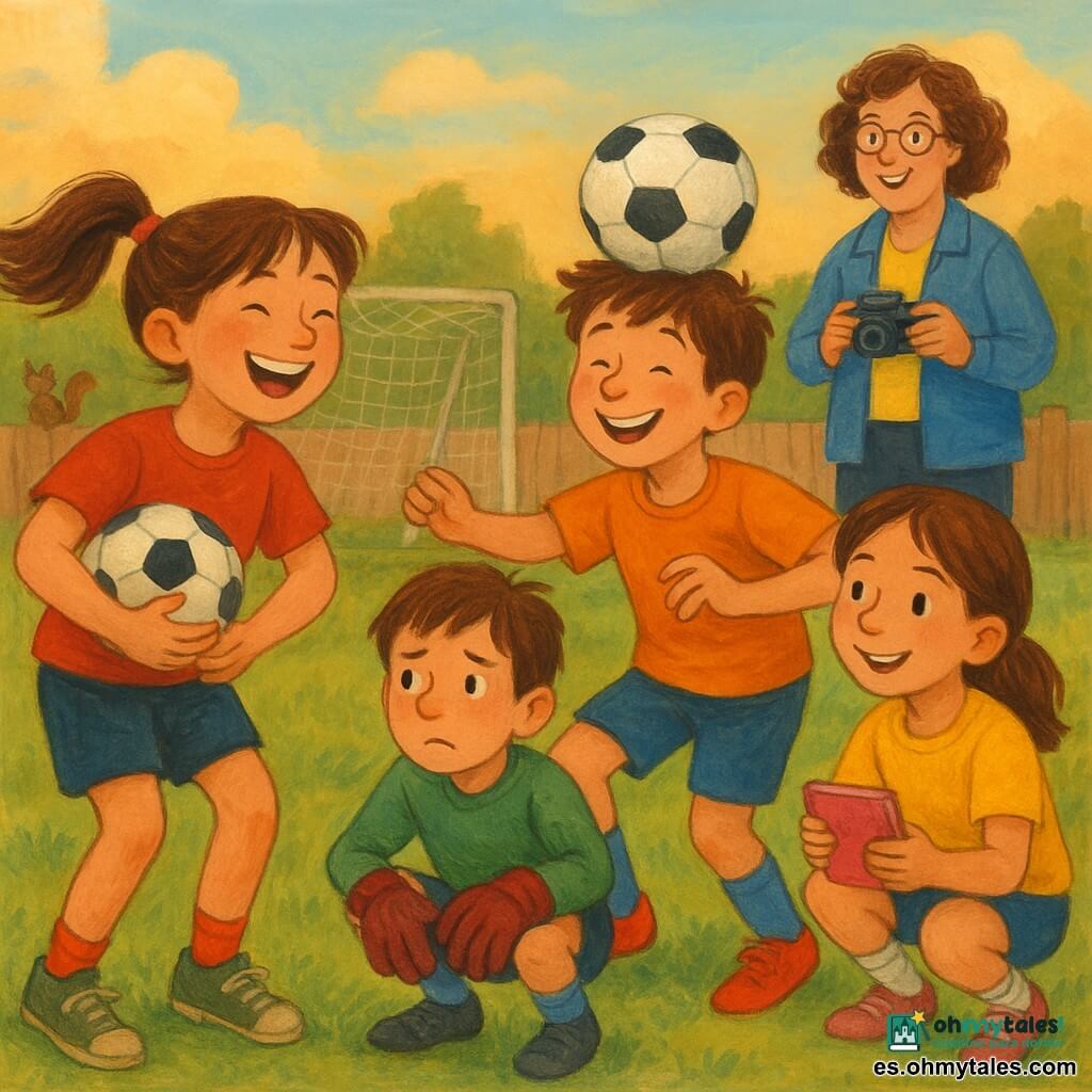 Niños de 10 años: Sofía, sonriente y traviesa con coleta que oscila, camiseta roja, zapatos gastados, riendo y con un balón bajo el brazo; Mateo, tímido y cómico, con calcetines desparejados y guantes de portero demasiado grandes, posa exagerado junto al arco; Lila, alegre y concentrada, agachada en defensa con una libreta rosa, sonríe mirando el césped; Tomás, entusiasta y torpe, sostiene la pelota sobre la cabeza como un sombrero junto a Sofía. La señora Rosa, entrenadora amable, toma fotos desde la línea con una cámara vieja. Escenario: campo de barrio con césped verdoso, redes algo gastadas, valla de madera con un pequeño ratón o ardilla arriba y cielo de tarde. Situación: rotación caótica, los cuatro agrupados y riendo en un rincón con posturas cómicas y césped pisado, ambiente amistoso. Estilo: ilustración a la gouache, colores vivos, texturas de pincel visibles, trazos suaves y composición centrada en el grupo.