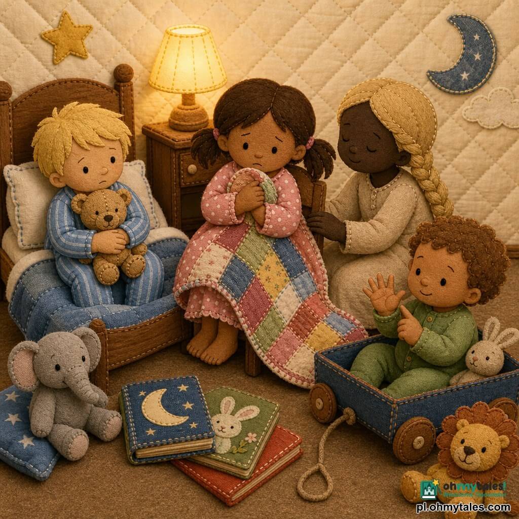 Cztery postacie: Ada (5 lat) z brązowymi kucykami, w różowej koszulce nocnej w kropki, siedzi na krześle przy małej lampce nocnej, trzyma mocno kocyk i patrzy na lampę nieco zaniepokojona; Olek (4 lata) z krótkimi blond włosami, w niebieskich pasiastych pidżamach, mocno ściska pluszowego misia, siedzi po lewej na niskim łóżku; Zosia (6 lat) z blond warkoczami, w beżowej sukience, uspokajająco gładzi róg koca, siedzi za Adą i pokazuje, jak się oddycha; Kuba (2 lata) z kręconymi brązowymi włosami, w zielonym body, w małym wózku u stopy łóżka, delikatnie się uśmiecha i liczy na palcach. Pokój dziecięcy w nocy, ciepły, ściany pikowane kremowe, jasnobrązowa filcowa podłoga, mała lampka na drewnianym stoliku, haftowane okno z srebrną łatą księżyca, poukładane maskotki i książki, widoczne tekstury tkanin. Główna scena: przytłumione światło lampki tworzy dużą żółtawą łatę, Ada oddycha powoli, Zosia pokazuje technikę, Olek przytula misia, Kuba liczy szeptem — wspólne pocieszanie przed strachem przed ciemnością, miękka, ciepła, tekstylna estetyka z wyraźnymi przeszyciami.