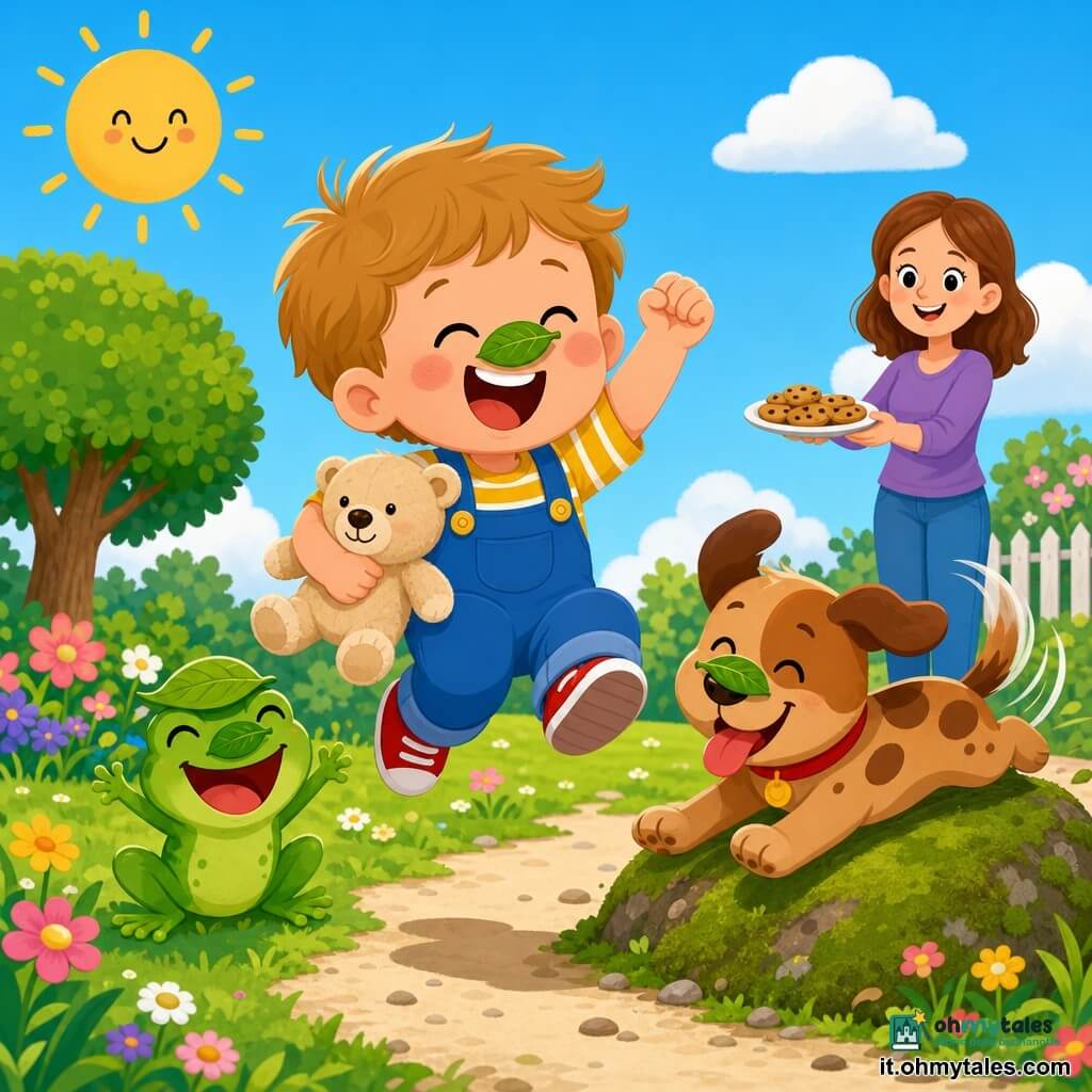 Bambino di 2 anni, viso rotondo, guance rosate e grandi occhi ridenti, espressione gioiosa, salta tenendo un piccolo orsacchiotto beige. Rana Lalla, piccola rana verde con grandi zampe, ride con una foglia sulla testa, seduta sull'erba a sinistra del bambino. Cane Tino, cucciolo marrone macchiato, lingua di fuori e coda che scodinzola, scivola allegramente su una piccola zolla muschiosa a destra del bambino. Donna adulta (madre), capelli castani, sorriso dolce, sullo sfondo mentre porge un piatto di biscotti. Parco soleggiato con prato verde, fiori colorati, un albero dalla chioma rotonda e un sentiero ghiaioso; colori vivaci, forme semplici. Situazione: gara di salti giocosa, foglie sul naso come maschere, risate condivise, composizione centrata e chiara, forme pulite e contrasti morbidi.