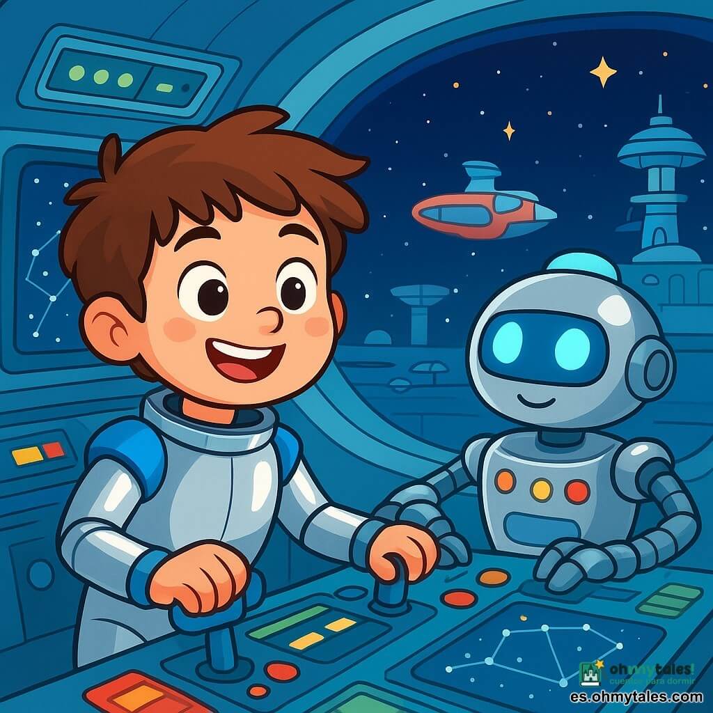 Un joven llamado Lucio, con cabello castaño desordenado y ojos llenos de curiosidad, está frente al panel de control de su nave espacial. Son amplia sonrisa y mejillas ligeramente sonrojadas reflejan su emoción. Lleva un traje espacial plateado, brillante como un espejo, con toques de azul en los hombros. Cerca de él, un robot de brazos articulados, con un cuerpo de metal pulido y luces intermitentes, ajusta los instrumentos de la nave. Este robot, amigable y eficiente, parece concentrado en su tarea, con ojos luminosos que emiten un suave resplandor. La escena tiene lugar en el interior de la nave, donde paneles de control iluminados y pantallas muestran mapas estelares. A través de la ventanilla se pueden ver estrellas brillantes, creando un contraste mágico con la oscuridad del espacio. Lucio está preparando su nave para aterrizar en el Puerto de Cargos Autónomos, un gran puerto espacial donde naves de todos los tamaños flotan pacíficamente. Ajusta los controles con cuidado, listo para descubrir un mundo de nuevas aventuras.
