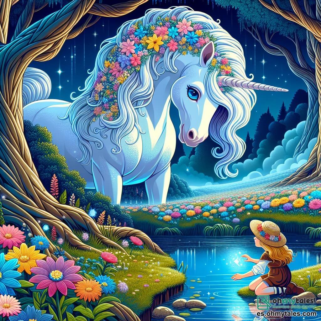 En el centro de la imagen, una hermosa unicornio llamada Estrella se encuentra majestuosamente. Su pelaje es de un blanco brillante, y su largo crin está adornado con flores de colores. Su gran ojo azul expresa una dulce sabiduría y una alegría palpable, mientras se inclina ligeramente hacia una niña pequeña, como si le hablara. Junto a ella, Luna, una niña de siete años, lleva un sombrero de paja decorado con flores. Tiene ojos brillantes de curiosidad y una sonrisa radiante. Está arrodillada cerca del estanque, sosteniendo una piedra brillante en sus manos, maravillada por la belleza del unicornio. El escenario es un marjal mágico, con árboles gigantescos de troncos torcidos, flores de colores vibrantes y un estanque resplandeciente en el centro, reflejando el cielo azul. Neblinas ligeras bailan sobre el agua, añadiendo un toque de misterio al entorno. La escena captura el momento en que Luna descubre a la unicornio Estrella, lista para confiarle una misión mágica para salvar el marjal, creando una atmósfera de asombro y aventura.