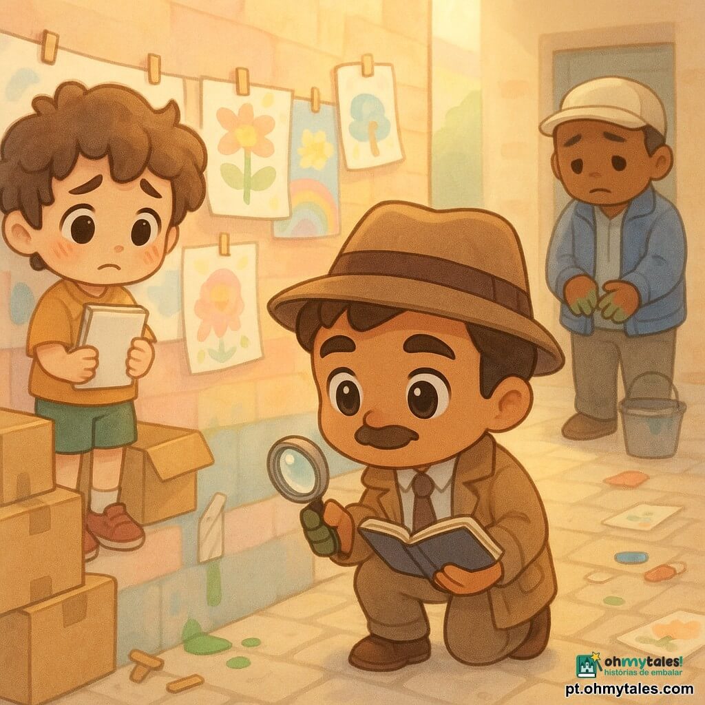 Um homem, o detetive Miguel, rosto calmo e atento, sorriso suave, lupa numa mão e caderno aberto na outra, agachado junto à base de um grande mural colorido examinando um pedaço de fita adesiva translúcida e uma gota de tinta verde; um menino, Rafael, ~10 anos, cabelos encaracolados e bagunçados, mancha de tinta na face, tímido, segurando um caderno de esboços junto a caixas de papelão abertas à esquerda; um homem, Henrique, ~35 anos, jaqueta azul e chapéu leve, mãos manchadas de tinta verde, contrito à direita; uma mulher, Dona Mônica, ~50 anos, com pincel e balde e luvas manchadas, observa ao fundo perto de uma porta de depósito; local: pátio escolar com piso de pedras claras, mural com desenhos presos por prendedores (alguns caídos), pilhas de caixas e luz suave de janela alta; situação: descoberta e reconciliação — o detetive encontra pistas (fita, rastro de tinta verde, desenhos parcialmente escondidos) aos pés do mural enquanto crianças e adultos se reúnem, atmosfera acolhedora em cores pastéis e detalhes artísticos (canetas, pincéis, papéis).