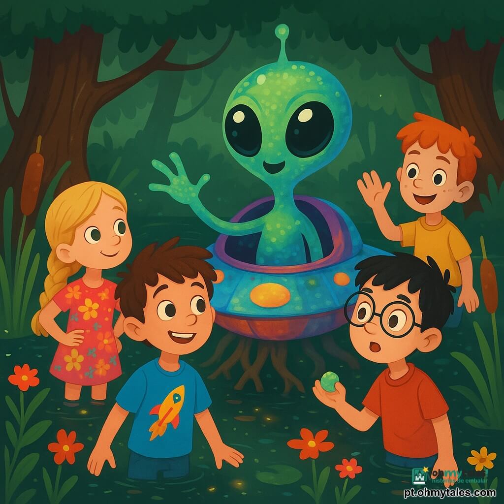 Há 4 crianças: - Luca: um garoto de 7 anos, com cabelo castanho bagunçado e olhos brilhantes de curiosidade. Ele usa uma camiseta azul com um desenho de foguete e está no centro, sorrindo com um ar de aventura. - Manu: uma menina de 7 anos, com cabelo longo e loiro trançado, vestindo um vestido florido. Ela está um pouco à esquerda, com as mãos na cintura, olhando para a criatura com admiração. - Tiago: um garoto de 7 anos, com cabelo negro e óculos redondos. Ele está à direita de Luca, inclinado para frente, com os olhos arregalados de surpresa, segurando uma pedrinha brilhante na mão. - Beto: um garoto de 7 anos, com cabelo ruivo e sardas no rosto. Ele está atrás de Manu, acenando como se estivesse cumprimentando a criatura. O local é um charco misterioso, cercado por juncos verdes e flores vibrantes que flutuam na superfície da água escura. Pequenas luzes brilham na água, criando uma atmosfera mágica, enquanto uma pequena nave extraterrestre, feita de material brilhante e colorido, está entre as raízes das árvores. A situação principal mostra as crianças descobrindo uma criatura extraterrestre com olhos enormes e pele mutável, que sai da nave. Ela estende uma pequena mão translúcida em direção a eles, enquanto as crianças, fascinadas, se aproximam lentamente, prontas para conhecer este amigo de outro mundo.