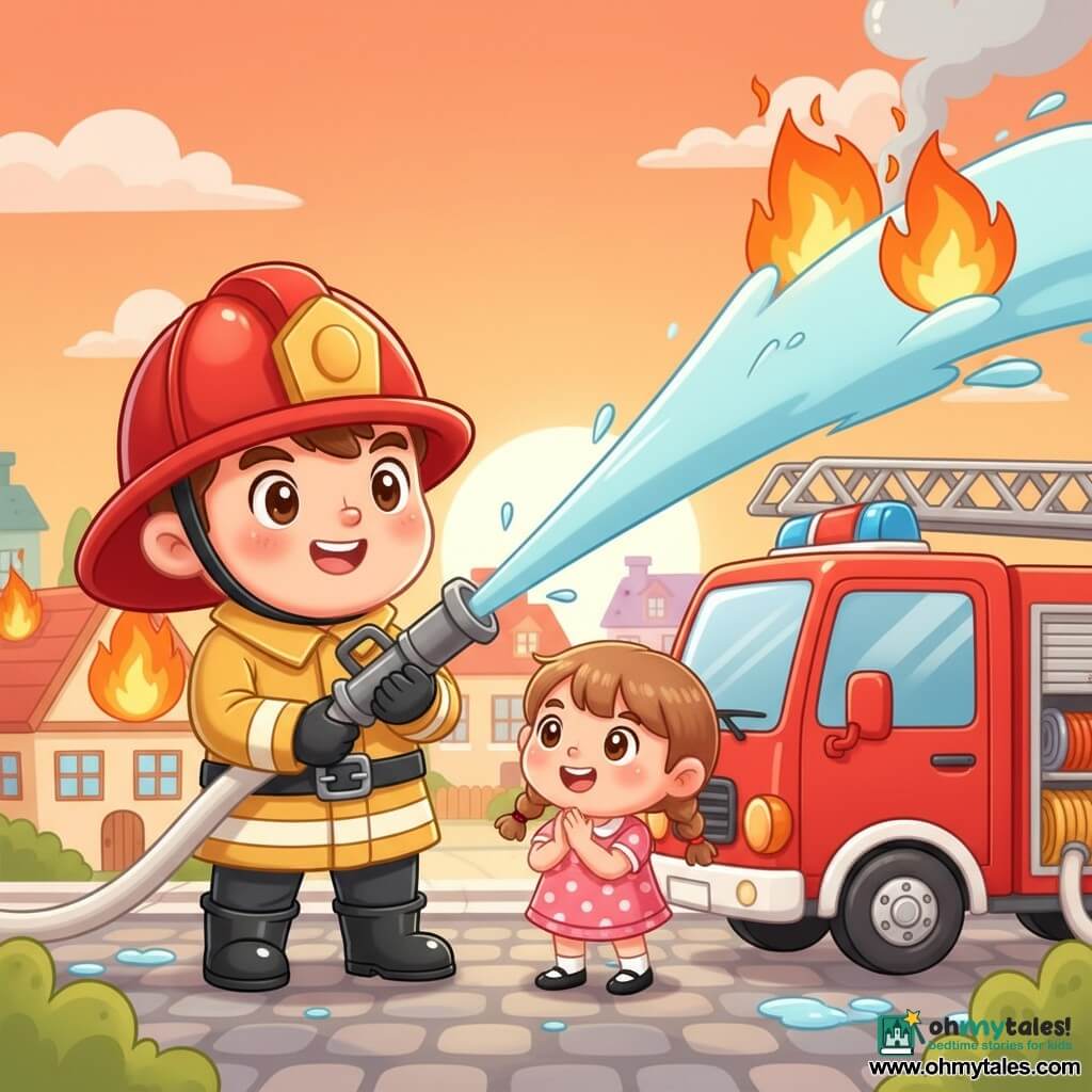 A smiling, brave firefighter in a shiny red helmet, thick yellow jacket and black boots holds a large hose spraying light-blue water at flames while a five-year-old girl with light-brown pigtails in a pink polka-dot dress claps nearby; a bright red fire truck with ladder and rolled-out hose is parked to the right, cobblestone street and colorful small houses sit in the background under a soft orange sunset sky with light-gray smoke, creating a reassuring, heroic scene with warm colors, rounded shapes and a composition centered on the action.