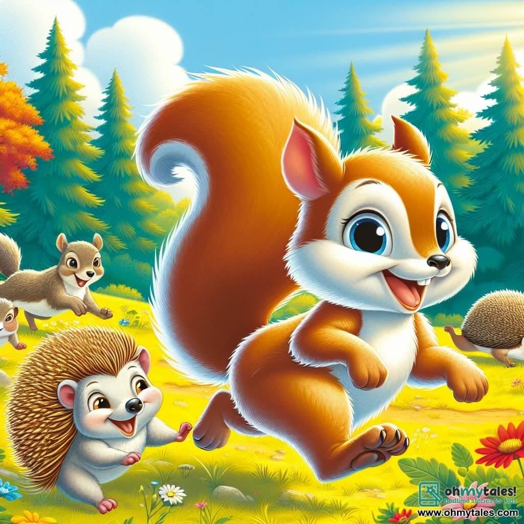 An illustration depicts a young squirrel with light brown fur and a fluffy tail, expressing great joy and excitement as it runs at full speed with determined eyes in a sunny clearing. Next to it, a young hedgehog with shimmering golden spines and a gentle face smiles warmly while joyfully rolling on the grassy ground, full of energy and ready to join the race. In the background, a group of animals, including an agile squirrel with a long tail and a competitive gaze, as well as a playful gray squirrel, cheer and support the two friends, creating an atmosphere of camaraderie. The main setting is a vibrant clearing in the heart of a forest, surrounded by majestic trees with golden and red leaves, colorful flowers scattered on the ground, and a clear blue sky with fluffy white clouds. The scene highlights the young squirrel and hedgehog racing together, celebrating their friendship and determination to have fun despite their differences, with sunlight filtering through the branches, leaves gently falling around them, and acorns scattered on the ground, symbolizing the abundance and joy of the season.
