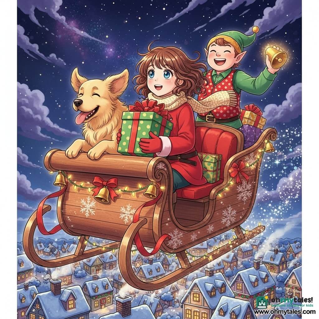 A 10-year-old girl with sparkling blue eyes and shoulder-length chestnut curls, wearing a bright red coat, cream wool scarf and gloves, sits at the front of a glittering sleigh holding a large green present with gold polka dots; a golden retriever named Max with silky fur and a joyful expression sits beside her, ears windblown; a cheerful adult elf man about 150 cm tall in a pointed green hat and red polka-dot jacket stands behind ringing a shiny bell while loading packages; the varnished wooden sleigh is decorated with lights, red ribbons and golden bells and silver snowflake inlays; beneath a deep starry night with violet nebulas, the snowy village of Winterberry stretches below with lit colorful houses and smoking chimneys; the sleigh soars above the village through a shower of sparkling flakes, wind whipping hair and scarf, creating a magical, joyful scene of dynamic motion and contrasting colors (bright red, warm gold, midnight blue).