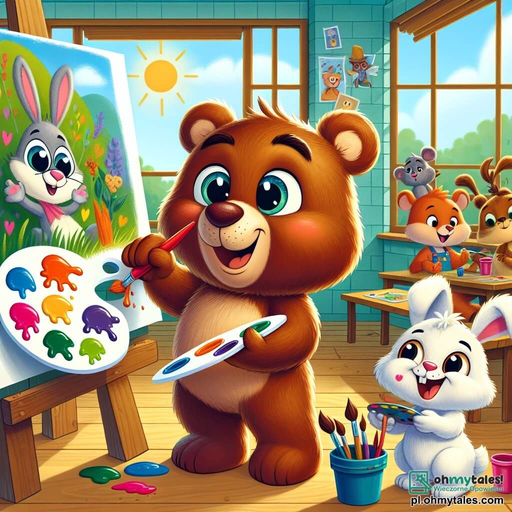 Teddy, mały brązowy miś z błyszczącymi oczami i promiennym uśmiechem, maluje wielki kolorowy mural na ścianie szkoły. Jest skoncentrowany i szczęśliwy, trzymając pędzel w łapce, z plamami farby na futrze. Obok niego Kacperek, mały królik z dużymi uszami i białym futrem, z podziwem przygląda się pracy Teddy'ego. Trzyma paletę z żywymi kolorami i uśmiecha się, pełen entuzjazmu, gotowy dodać coś od siebie do muralu. W tle widać jasną klasę z oknami wpuszczającymi światło słoneczne, kolorowe plakaty na ścianach i drewniane stoły, przy których inne zwierzęta, takie jak wiewiórki i ptaki, pracują nad swoimi projektami artystycznymi. Główna scena pokazuje, jak Teddy i Kacperek radośnie współpracują, tworząc wspólne dzieło sztuki, symbolizujące przyjaźń i kreatywność, podczas gdy inni koledzy ich wspierają i podziwiają ich pracę.