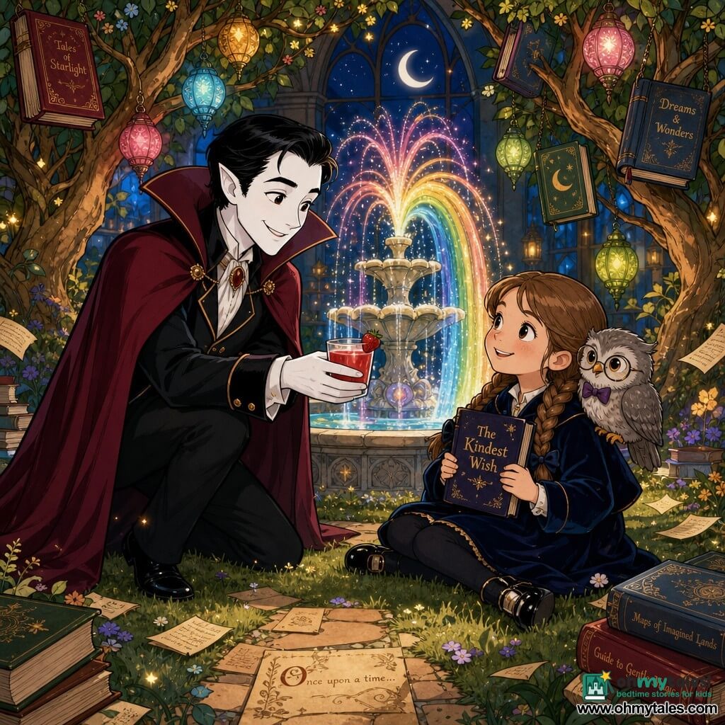 The main character is Count Lucien, a benevolent smiling vampire with luminous pale skin and glossy black hair, wearing a burgundy cloak with black lining and an elegant suit with gold buttons; he holds a small glass of strawberry juice standing by a sparkling fountain. The girl, Eloise, about eight, with light brown braided hair, a midnight-blue velvet coat and black patent shoes, sits on the grass near the fountain looking at him with wonder while holding a small dark-velvet book titled The Kindest Wish. The secondary character is Professor Pipkin, a small gray owl with round glasses and a purple bow tie perched on Eloise’s shoulder or a nearby book, curious and slightly ruffled. The setting is a magical indoor garden: trees bearing books as fruit, colored glass lanterns, a central fountain with rainbow-glowing water, a worn parchment-tile path and a soft lawn scattered with floating pages. The scene is warm and whimsical, the vampire offering the juice to the girl, everyone smiling, warm colors contrasting with midnight blue and rainbow reflections.