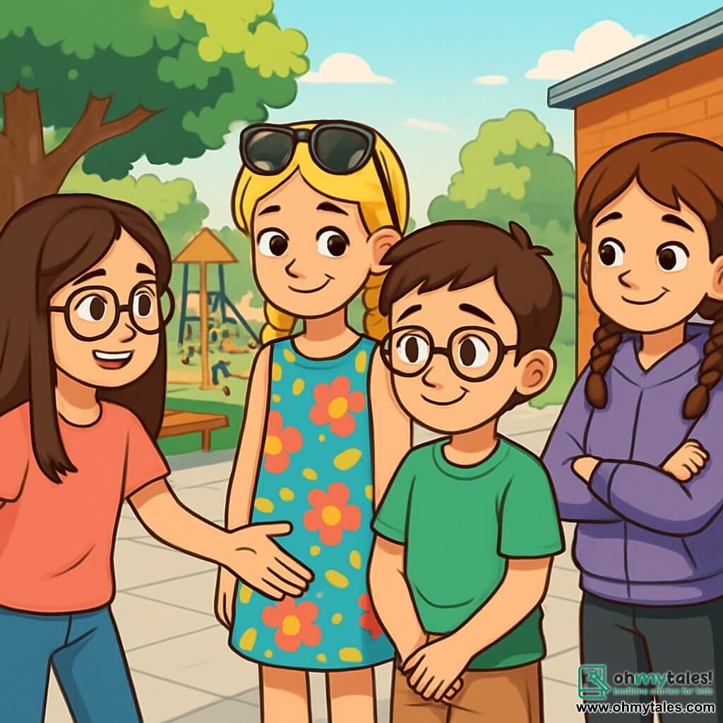 There are four characters: - Lily: a 10-year-old girl with long brown hair and glasses. She wears a pink t-shirt and blue jeans. She stands on the left, smiling, reaching out to Ben. - Mia: a 10-year-old girl with braided blonde hair and sunglasses on her head. She wears a colorful floral dress. She is in the center, looking at Ben with an encouraging gaze. - Ella: a 10-year-old girl with brown hair in braids. She wears a purple hoodie and black pants. She stands on the right, arms crossed, displaying a warm smile. - Ben: a 10-year-old boy with short hair and glasses. He wears a green t-shirt and beige shorts. He is in the center, slightly forward, with a shy but grateful expression. The setting takes place in a sunny schoolyard, surrounded by tall green trees and wooden benches. Children are playing in the distance, and colorful drawings are hung on a brick wall. The ground is covered with gray tiles, and a large playground is visible in the background. The main situation shows Lily, Mia, and Ella surrounding Ben, who appears a bit nervous but smiles shyly. The girls are reaching out to him and speaking kindly, creating an atmosphere of camaraderie and support. Sunlight illuminates the scene, highlighting their budding friendship.