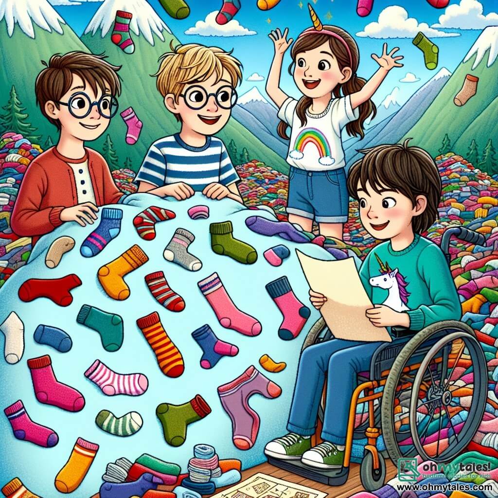 In the center of the image, four friends stand together, surrounded by mountains of colorful socks. On the left, Max, a 10-year-old boy with round glasses and messy hair, smiles while holding a paper treasure map. On the right, Lily, a 9-year-old girl with pigtails and a unicorn-patterned t-shirt, joyfully jumps into a pile of socks, splashing bright colors around her. Just behind them, Sam, a 10-year-old boy with brown hair and a mischievous smile, draws a map on the ground with a stick, while Finn, an 11-year-old boy in a wheelchair, watches them with sparkling eyes of excitement, his wheels shining in the sunlight. The setting is the Valley of Socks, a magical place where hills of multicolored socks rise like mountains, and rivers of yarn wind between trees with sock-shaped leaves. The sky is a bright blue, dotted with clouds shaped like yarn balls. The main scene shows the friends on a quest, laughing and searching for legendary socks, while a friendly sock monster with round eyes and a body made of colorful fabrics watches them with a smile, ready to help in their adventure.