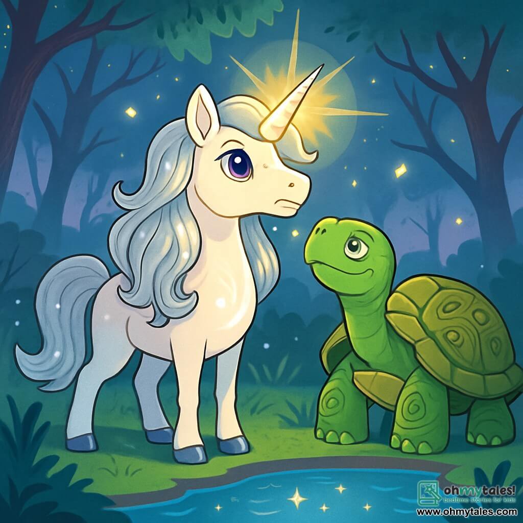 A magnificent unicorn named Sparkle stands proudly by a shimmering pond. Her coat is bright white, and her silver mane shines like stars in the sunlight. Her large purple eyes express radiant determination, while her iridescent spiral horn emits a soft glow. Beside her is an old turtle named Elder Moss, at least a hundred years old, standing on the bank. His back is adorned with ancient runes, and his mossy green skin reflects wisdom and pride as he looks at Sparkle. The setting is Whispering Marsh, an enchanted swamp shrouded in light mist. Twisted trees with sparkling leaves surround them, and fireflies dance in the air, creating a magical atmosphere. The main scene shows Sparkle lifting her head, ready to embark on an adventure to save her beloved marsh, holding the Crystal of Light in her mane, which shines brightly, illuminating the dark and mysterious surroundings.