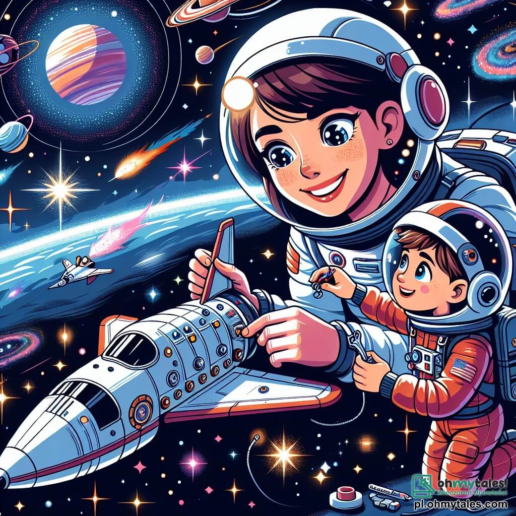 Uśmiechnięta astronautka w błyszczącym białym skafandrze naprawia część swojej rakiety w bezkresie kosmosu. Ma brązowe włosy związane w kucyk, a jej oczy błyszczą z ekscytacji i determinacji. W pobliżu mały chłopiec w wieku około 8 lat, z blond włosami i niebieskimi oczami, z zachwytem obserwuje. Ma na sobie czerwoną kombinezon astronauty i trzyma w rękach mały model rakiety, marząc o zostaniu astronautą. Tło to gwiaździste niebo, wypełnione kolorowymi galaktykami i migoczącymi planetami. Rakieta unosi się w powietrzu, z futurystycznymi detalami, otoczona jasnymi gwiazdami i kolorowymi mgławicami. Główna scena pokazuje astronautkę uczącą chłopca, jak używać przycisków rakiety, dzieląc się chwilą nauki i marzeń w bezkresie przestrzeni.