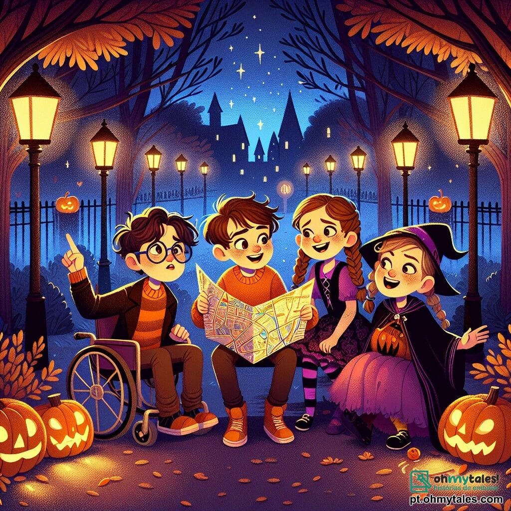 Em um parque misterioso iluminado por lanternas em forma de abóbora, quatro amigos estão no centro da imagem. Lucas, um menino de 11 anos com cabelo castanho bagunçado e um suéter laranja, observa com curiosidade um mapa do parque. À sua direita, Ana, uma menina de 10 anos com cabelo loiro trançado e uma fantasia de bruxa preta e roxa, sorri enquanto aponta uma direção. À esquerda, Pedro, um menino de 11 anos com óculos e uma fantasia de vampiro, faz um gesto exagerado como se estivesse contando uma história. Por fim, Sofia, uma menina de 10 anos com cabelo castanho e um vestido rosa, está sentada em sua cadeira de rodas, rindo alegremente enquanto segura um saco de doces. O parque está repleto de grandes árvores com folhas douradas, criando uma atmosfera mágica e levemente assustadora. As sombras dançam no chão, enquanto estrelas brilham em um céu noturno azul profundo. Os amigos estão em uma caça aos doces, procurando pistas para encontrar um tesouro escondido, cercados por decorações de Halloween, como fantasmas de papel e teias de aranha brilhantes.