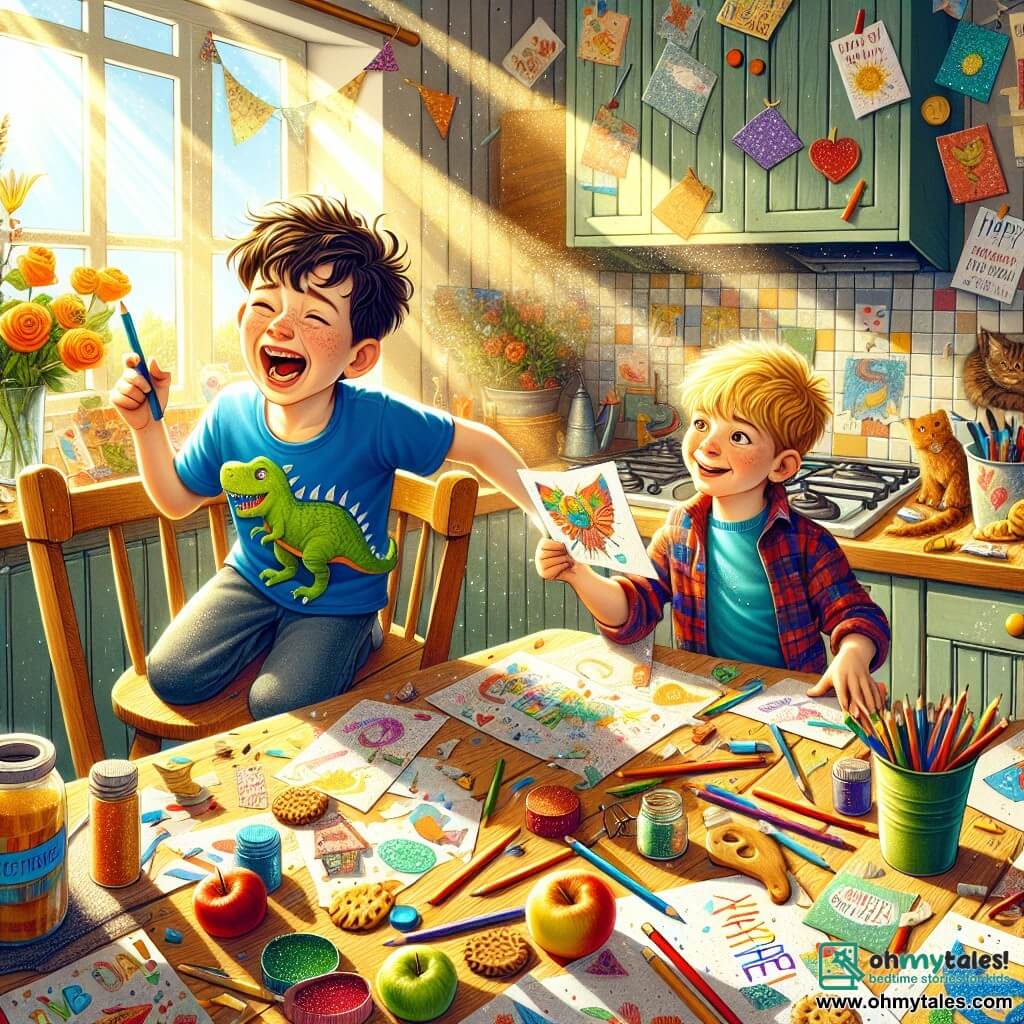 There are two boys, Max and Leo, aged 8. Max has messy brown hair and is wearing a blue t-shirt with a dinosaur pattern, while Leo has blonde hair and is wearing a red checkered shirt. Max is sitting on a wooden chair, leaning forward with a big smile, holding a colored pencil in his hand. Leo is standing next to him with his arms crossed, looking proud, holding a colorful card. They are in Max's kitchen, where sunlight filters through the window, illuminating a large wooden board covered with colored papers, crayons, and glitter. Apples and cookies are scattered on the table, adding warmth to the atmosphere. The main scene shows Max and Leo creating cards for Mother's Day, surrounded by their joyful artistic mess. They are laughing together, imagining their moms' smiles when they see their colorful and affectionate creations.