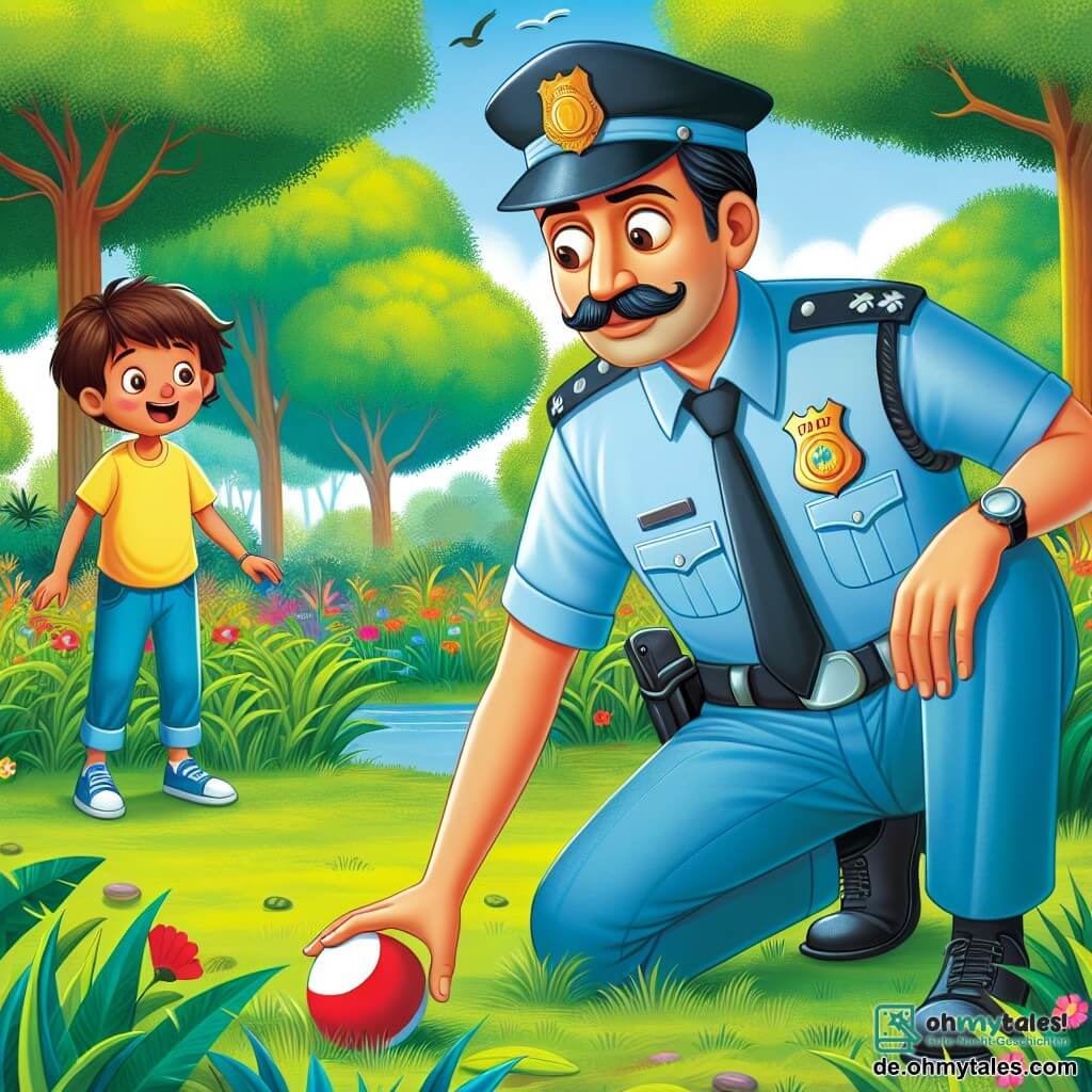 Ein Polizist, ein Mann in seinen dreißigern mit einem gut gestutzten Schnurrbart und einem warmen Lächeln, hockt in einem grünen Park und sucht einen roten Ball im Gras. Er trägt eine hellblaue Uniform mit einem glänzenden Abzeichen auf der Brust und wirkt konzentriert und freundlich. In der Nähe steht ein 8-jähriger Junge, Leo, mit zerzausten braunen Haaren und einem leuchtend gelben T-Shirt, der mit aufgeregten Augen zuschaut. Er steht mit den Händen in den Hüften da, bereit, seinem neuen Freund, dem Polizisten, zu helfen. Der Park ist voller großer Bäume mit üppigem grünem Laub und bunten Blumen, die um einen kleinen, im Sonnenlicht glitzernden Teich wachsen. Vögel singen in den Ästen und schaffen eine fröhliche Atmosphäre. Die Hauptsituation zeigt den Polizisten und Leo bei der Suche nach dem verlorenen Ball, mit einer Atmosphäre von Kameradschaft und Abenteuer, die das Thema von gegenseitiger Hilfe und Gerechtigkeit illustriert.