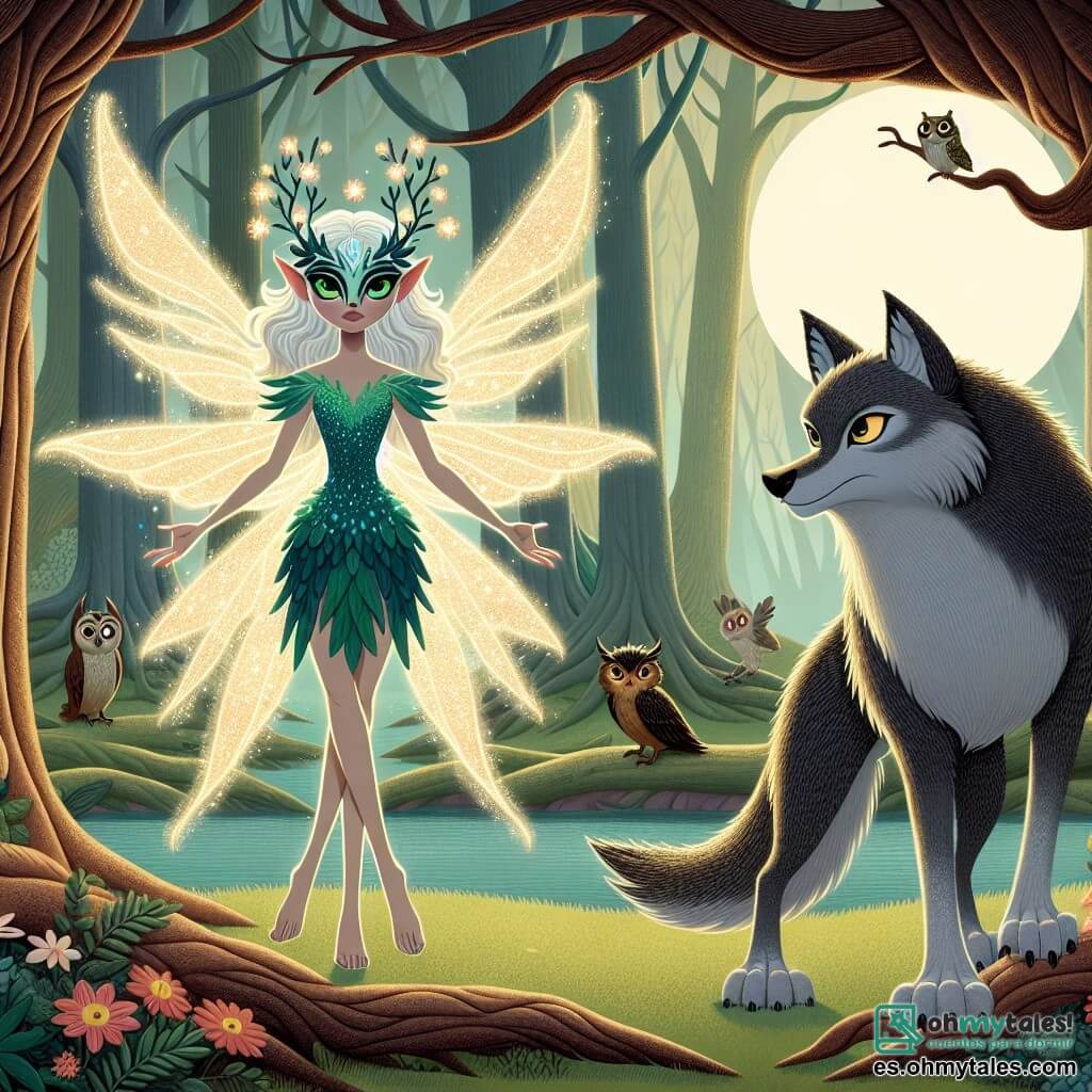 En el centro de la imagen, Lumina, una criatura mágica con piel brillante como luciérnagas y ojos esmeralda, se muestra con orgullo. Tiene una expresión de determinación y valentía, con los brazos abiertos, lista para defender su reino. A su derecha, el gran lobo, con su pelaje gris oscuro y ojos penetrantes, muestra una expresión de desafío, pero también una chispa de duda. Se mantiene sobre sus patas traseras, pareciendo listo para atacar, pero su mirada revela una lucha interna. Al fondo, Don Sabio, el sabio búho de plumas marrones y ojos redondos, observa la escena con seriedad, posado en una rama, listo para dar consejos. El escenario es un bosque encantado, con árboles majestuosos de troncos retorcidos, hojas brillantes y flores coloridas que iluminan el suelo. Una luz suave filtra a través del follaje, creando una atmósfera mágica y misteriosa. La situación principal muestra a Lumina frente al gran lobo, desafiando su autoridad con valentía, mientras el lobo parece dudar, atrapado entre su instinto depredador y la posibilidad de cambiar.