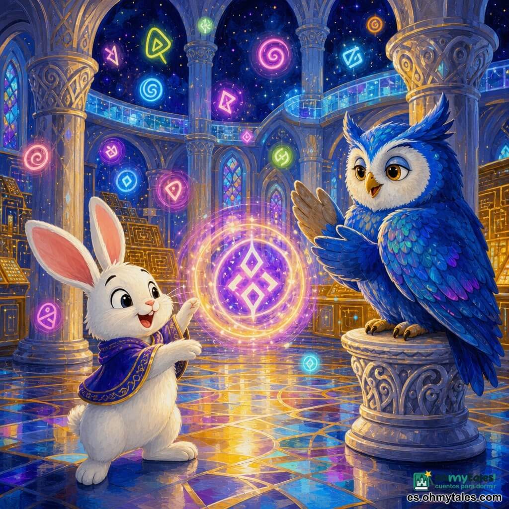 Un pequeño conejo blanco llamado Lilo, orejas rosadas y ojos curiosos, canta batiendo suavemente las patas frente a una runa luminosa que vibra y gira; un gran búho azul llamado Zafiro, plumaje irisado y mirada sabia, posado en una columna a la derecha, observa y aplaude con un ala; runas y códigos flotan como luciérnagas en espiral alrededor, símbolos brillantes de neón; la Basílica de Datos: amplia sala de columnas plateadas, suelo de mosaico brillante, bóveda estrellada, puentes de vidrio luminoso y consolas con circuitos dorados, luz cálida y halos de color; Lilo armoniza una runa rebelde violeta que se alinea al ritmo de su canción y baña la escena con un halo dorado, ambiente mágico, sereno y esperanzador.