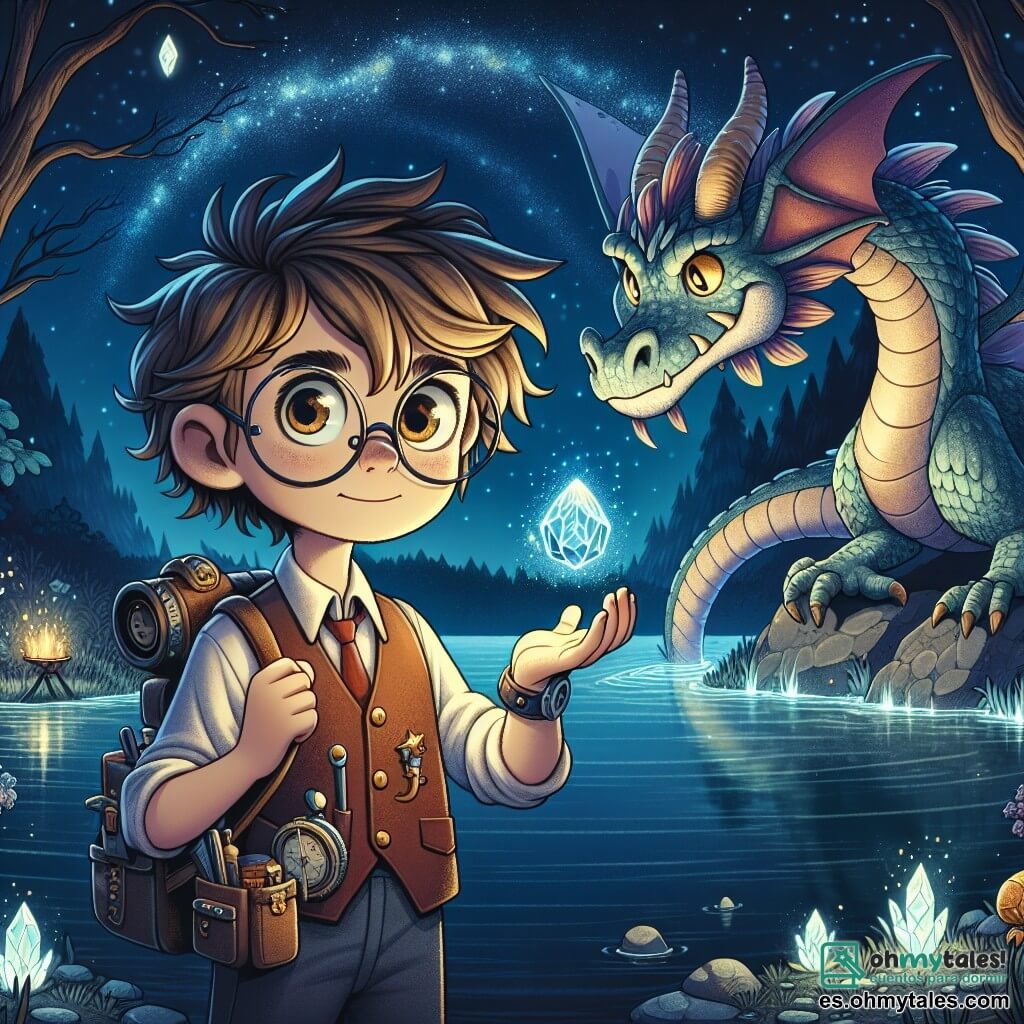 Un niño de 11 años, Leo, se encuentra al borde de un lago misterioso, con los ojos brillantes de determinación y asombro. Tiene el cabello castaño desordenado, unas gafas redondas que se deslizan por su nariz, y lleva un traje de inventor con los bolsillos llenos de herramientas. Leo está extendiendo la mano hacia una esfera de cristal flotante que emite una suave luz azul, simbolizando su deseo de descubrir la magia. Cerca de él, un dragón majestuoso, con escamas iridiscentes, lo observa con curiosidad. Sus ojos dorados brillan de inteligencia y agita sus alas, creando una suave brisa. El dragón se sitúa sobre una roca que domina el lago, añadiendo un toque de misterio a la escena. El lugar es un paisaje encantador: el lago de aguas oscuras refleja el cielo estrellado, rodeado de grandes árboles con follaje luminoso. Vides de luz centelleante descienden de las ramas, y flores luminosas crecen en las orillas, creando una atmósfera mágica y de cuento de hadas. La situación principal muestra a Leo, listo para enfrentar sus miedos, extendiendo la mano hacia la esfera de cristal, mientras el dragón lo anima con su mirada benevolente, simbolizando la alianza entre la magia y la tecnología en su búsqueda.