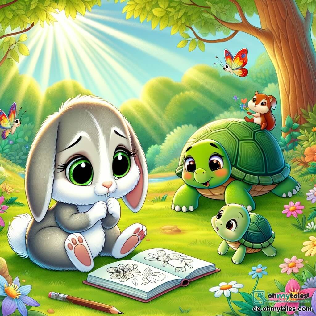 Ein junger Hase mit großen Ohren und hellgrauem Fell, traurigen, leuchtenden Augen, sitzt auf einer grünen Wiese, umgeben von bunten Blumen. Nachdenklich schaut er auf ein kleines, offenes Notizbuch auf seinen Knien, in dem er glückliche Erinnerungen mit seinen Eltern festgehalten hat. In der Nähe nähert sich eine grüne Schildkröte mit sanften Augen und einem tröstlichen Ausdruck langsam, eine kleine Blume in ihrer Pfote haltend. Sie lächelt sanft, bereit, ihren Freund zu trösten. Ein rotes Eichhörnchen mit funkelnden Augen, das auf einem Ast sitzt, beobachtet die Szene besorgt und ist bereit, einzugreifen, um Freude zu bringen. Die Szene spielt sich auf einer sonnigen Lichtung im Wald ab, wo Sonnenstrahlen durch die Blätter der Bäume filtern und leuchtende Muster auf den Boden werfen. Bunte Schmetterlinge fliegen herum und verleihen der Umgebung einen Hauch von Magie. Der junge Hase, traurig über die Trennung von seinen Eltern, erinnert sich an glückliche Momente, während er von seinen Freunden umgeben ist, die versuchen, ihn in dieser schwierigen Zeit zu trösten.