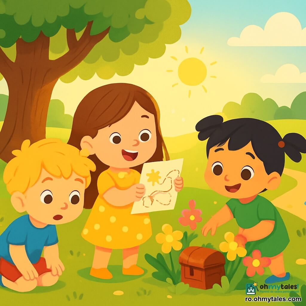 Există 3 personaje: - Ana: o fetiță de 3 ani cu părul lung și brun, purtând o rochie galbenă cu buline albe. Zâmbește fericită ținând harta la soare. - Luca: un băiat de 3 ani cu părul blond și zbârlit, îmbrăcat cu un tricou albastru și pantaloni scurți roșii. Se uită cu curiozitate la hartă, aplecat puțin înainte. - Maia: o fetiță de 3 ani cu părul negru și două codițe, îmbrăcată cu o tunică verde. Se află lângă Ana, arătând cu degetul spre o cutie mică ascunsă sub flori. Locul este un parc mare și însorit, cu un stejar imens și trunchi gros, și frunze verzi strălucitoare. Flori colorate, roz și galbene, cresc în jurul unei mici poieni. Solul este acoperit cu iarbă moale și pietricele strălucitoare, iar un drum sinuos duce la o mică băltoacă strălucitoare. Situația principală a poveștii arată cei trei prieteni descoperind o cutie misterioasă sub flori, în timp ce examinează cu atenție harta care dezvăluie un tezaur ascuns. Sunt înconjurați de o lumină aurie, iar fețele lor radiază de entuziasm și curiozitate.