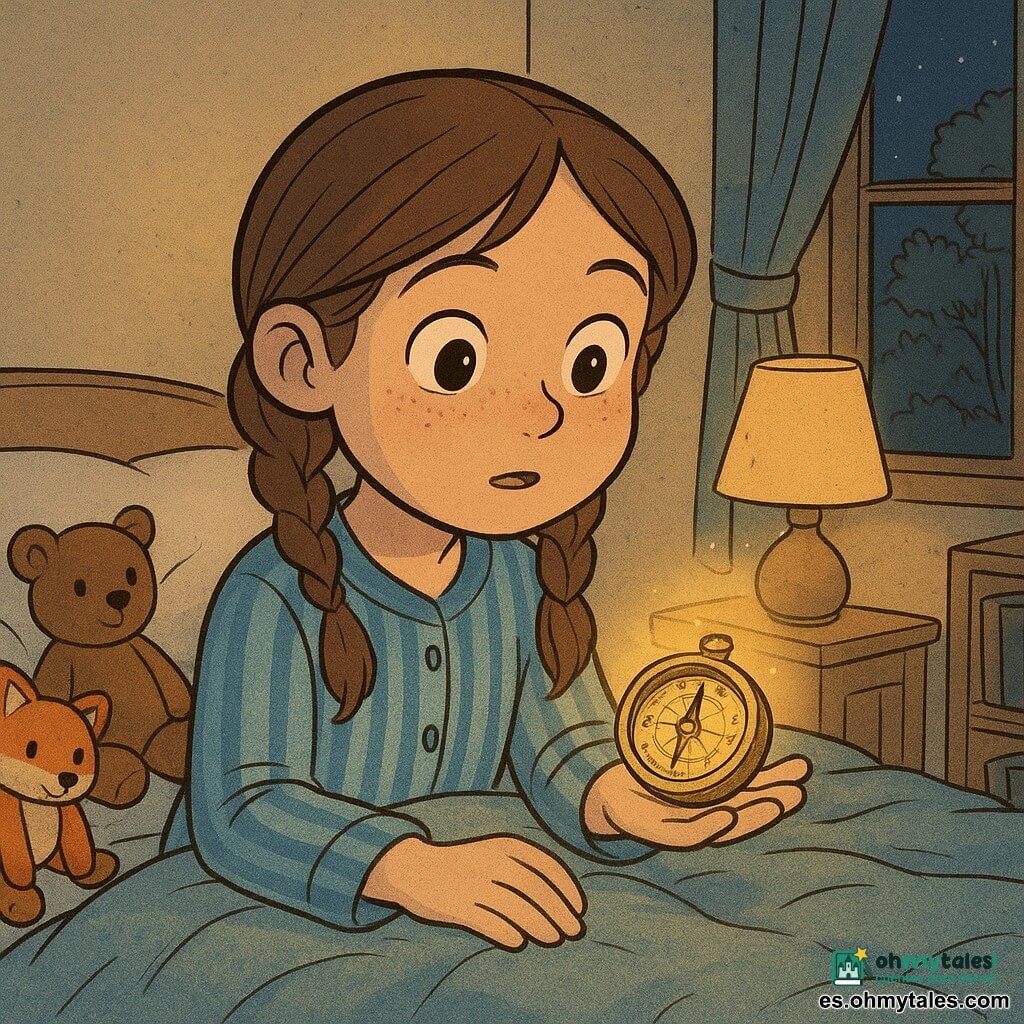 Clara, niña de 10 años, rostro redondo con ligeras pecas, cabello castaño en dos trenzas sueltas, mirada curiosa y ojos grandes y brillantes; sentada en su cama con pijama de rayas azules, sostiene en la palma una pequeña brújula de latón que emite un brillo cálido: vieja, brillante, aguja fina que tiembla y una inscripción luminosa en el cristal. No hay más personajes; dos peluches (un oso y un zorro) en la almohada a la izquierda observan la escena. La habitación nocturna y acogedora tiene paredes crema, lámpara de noche con pantalla de tela que difunde luz suave, ventana abierta a un jardín oscuro con siluetas de árboles y tenue luz de estrellas, manta arrugada y estantería con libros; se sugiere una sombra en forma de pasillo. Momento principal: instante íntimo y mágico — Clara descubre la brújula bajo la almohada de noche; la aguja apunta alternativamente hacia la ventana, el armario y su corazón, y la estancia respira un misterio tierno con contrastes de luces cálidas y azuladas y texturas suaves (tela, madera, metal).