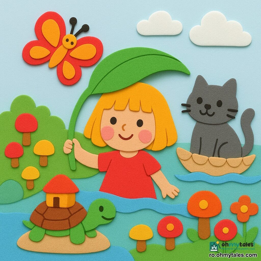 Lili, fetiță de 4 ani, zâmbitoare și uimită, păr blond bob, ține o frunză mare verde ca o umbrelă și traversează un râu argintiu; un fluture mare, roșu și galben, stă pe marginea frunzei, bătând din aripi deasupra ei; un motan robust gri închis, prietenos, stă într-o barcă mică făcută din scoici, o împinge cu coada și zâmbește lângă Lili; o broască țestoasă cu o căsuță pe carapace merge încet pe o piatră plată lângă mal; malurile sunt acoperite de ciuperci colorate în formă de umbrelă și flori rotunde, cer pastelat cu nori de bumbac; atmosferă de aventură blândă și veselă, culori vii, forme simple, contururi groase și texturi de spumă EVA evidente.