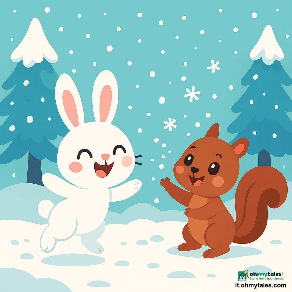 Un piccolo lepreau dal pelo bianco come la neve, con grandi orecchie morbide, salta gioiosamente nella neve, il suo viso che brilla di felicità ed eccitazione. Accanto a lei, un piccolo scoiattolo marrone con occhi scintillanti e una coda folta sorride lanciando fiocchi di neve in aria, le sue guance rosa tradiscono la sua gioia. Lo sfondo è un magnifico paesaggio invernale, con alberi coperti di neve scintillante, fiocchi che cadono dolcemente da un cielo grigio chiaro e un terreno ricoperto da uno spesso strato di neve morbida. La scena mostra i due amici che giocano insieme, creando impronte nella neve, circondati dalla bellezza pacifica dell'inverno.