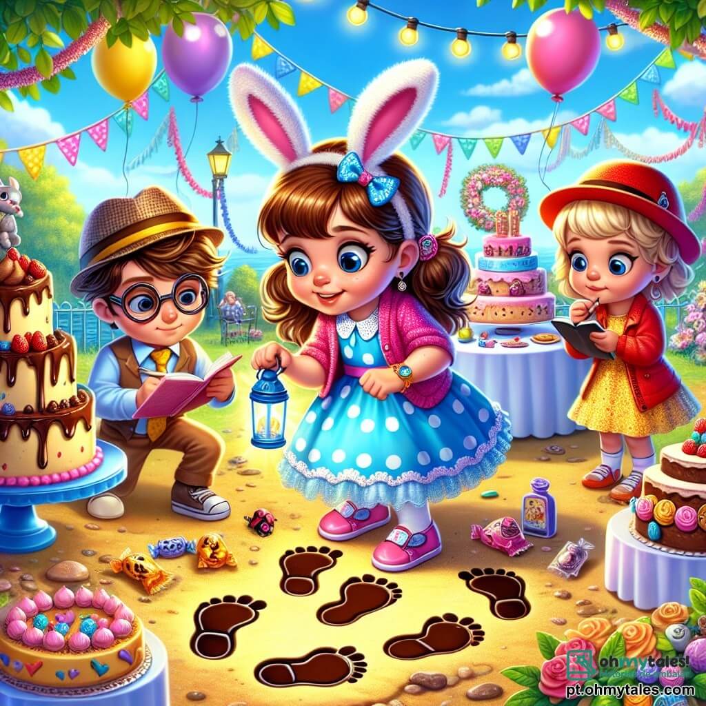 Uma menina de 8 anos, Sofia, com grandes olhos brilhantes e um sorriso curioso, usa um vestido azul com bolinhas brancas e um chapéu de detetive com orelhas de coelho. Ela está agachada, examinando atentamente marcas de chocolate no chão, com um ar determinado e entusiasmado. Ao lado dela, seu amigo Lucas, um garoto de 8 anos com um boné vermelho e óculos, segura uma pequena lanterna de plástico, olhando ao redor com um ar intrigado. Um pouco mais longe, Mariana, uma menina de 8 anos com asas de fada e uma joaninha desenhada em seu vestido, faz anotações em um pequeno caderno, com um ar concentrado. A cena acontece em um parque ensolarado, decorado com guirlandas coloridas e balões flutuantes, com uma grande mesa cheia de bolos e doces ao fundo. No centro da ilustração, Sofia e seus amigos descobrem pegadas de chocolate que levam a uma pequena casa de bonecas, criando uma atmosfera de mistério e aventura.