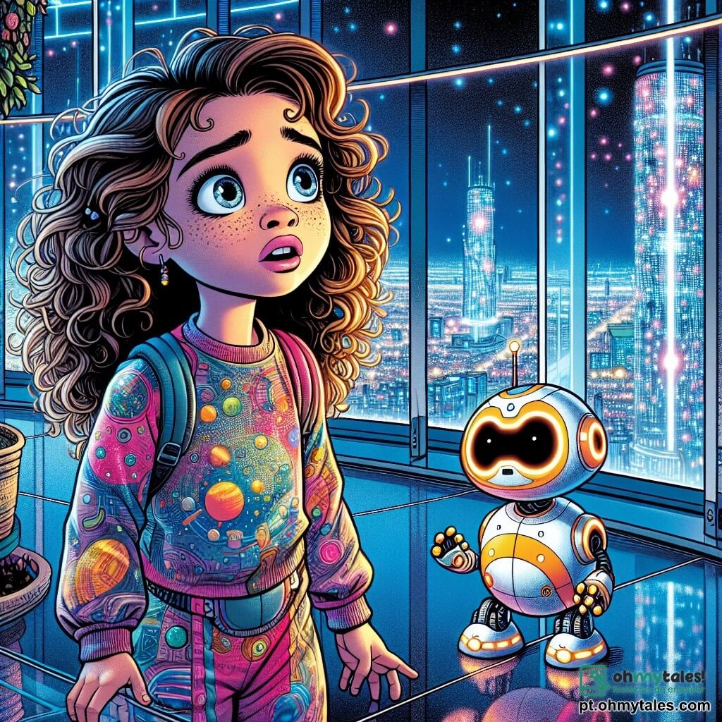 Uma menina de 8 anos, Luna, com longos cabelos cacheados e olhos brilhantes de curiosidade, está em frente a uma grande janela transparente, seu rosto iluminado por luzes de néon que piscam do lado de fora. Ela veste uma combinação futurista de cores vibrantes, com padrões de planetas e estrelas, e sua expressão é ao mesmo tempo maravilhada e determinada. Ao lado dela, seu robô ajudante, Pipo, um pequeno robô redondo com braços articulados e olhos luminosos, flutua levemente acima do chão. Pipo observa as luzes piscantes com uma expressão de preocupação, suas antenas vibrantes revelando sua inquietação. O cenário é um quarto futurista, com paredes de vidro e móveis flutuantes. Do lado de fora, Luminópolis se estende até onde a vista alcança, com edifícios de vidro cintilante, jardins suspensos e carros voadores deslizando pelo céu azul. A situação principal mostra Luna e Pipo observando as luzes misteriosas que dançam no céu, enquanto uma mensagem holográfica aparece diante deles, anunciando uma emergência na cidade.