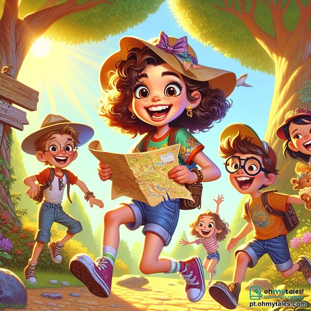 Uma menina de 12 anos, Ana, com cabelos cacheados e um grande sorriso radiante, está pulando de alegria no meio de um jardim ensolarado, segurando um velho mapa em papel nas mãos. Ela usa uma camiseta colorida e um short jeans, e seu olhar brilhante mostra sua empolgação para a aventura. Ao lado dela, Miguel, um garoto de 11 anos, alto e magro com óculos redondos, ri alto enquanto tenta equilibrar um pedaço de chocolate no nariz, o que o torna ainda mais cômico. Sofia, uma menina de 12 anos com um chapéu extravagante e óculos de sol, aponta para uma árvore, intrigada com a próxima pista da caça ao tesouro. Lucas, um garoto de 10 anos, está um pouco atrás, rindo e segurando um sanduíche de pasta de amêndoa, pronto para se juntar aos amigos. O local é um jardim exuberante, cheio de árvores majestosas e flores coloridas, com um pequeno riacho que flui suavemente ao lado de um velho balanço de madeira. Ao fundo, vê-se uma pequena cabana de madeira, acrescentando um toque de mistério ao ambiente. A cena principal mostra Ana e seus amigos em plena caça ao tesouro, descobrindo um velho mapa do tesouro e se preparando para seguir as pistas enquanto riem e se divertem juntos, criando uma atmosfera alegre e cheia de aventuras.