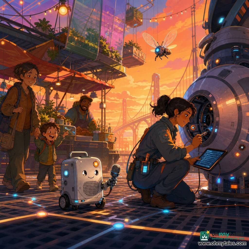 Pip, a silver, lunchbox-sized mechanical recorder with small wheels, a smiling speaker grille and a blinking light, rolls toward a spherical magnetic relay holding a built-in mic and records a soothing message with a determined, reassuring expression; Mira, a tired but relieved human technician in her thirties with hair tied back and a utility jumpsuit with glowing pockets, crouches by the hub with a tablet showing code and points a probe into an opening; a tiny pollinator drone hovers above casting a soft glow while market passers—a tired parent, a smiling child and a street vendor—watch relaxed; the scene is Bridge 12’s air market with a carbon-lattice walkway, suspended colorful stalls, translucent panels revealing rooftop gardens and an orange sunset, luminescent cables and visible conduits, and a large spherical relay floating on a magnetic cradle at the center; Pip’s calm recording shifts the bridge lights from nervous blinking to a gentle pulse, merchants relax and the atmosphere becomes warmer and more peaceful.