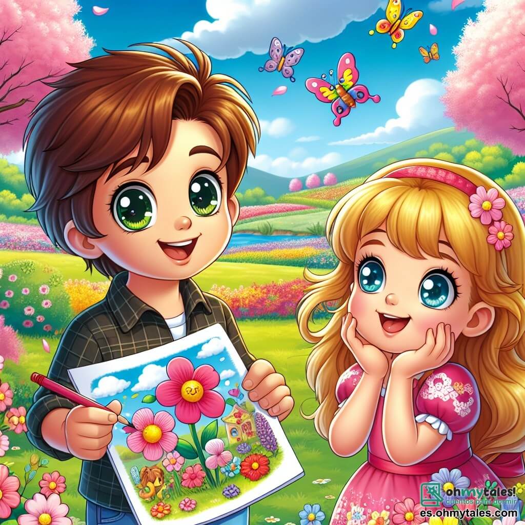 Un niño de 10 años, Lucas, con cabello castaño y ojos llenos de curiosidad, está en el centro de la imagen, sonriendo ampliamente mientras sostiene un dibujo colorido de flores y mariposas. A su lado, su hermana pequeña Clara, una niña de 6 años con cabello largo rubio y un vestido rosa, admira el dibujo con ojos maravillados, con las manos en las mejillas. Al fondo, un parque primaveral lleno de cerezos en flor con pétalos rosas, campos de flores multicolores y un cielo azul claro con nubes blancas esponjosas. La escena captura el momento alegre en que Lucas y Clara comparten su amor por la naturaleza, rodeados de la belleza de la primavera.