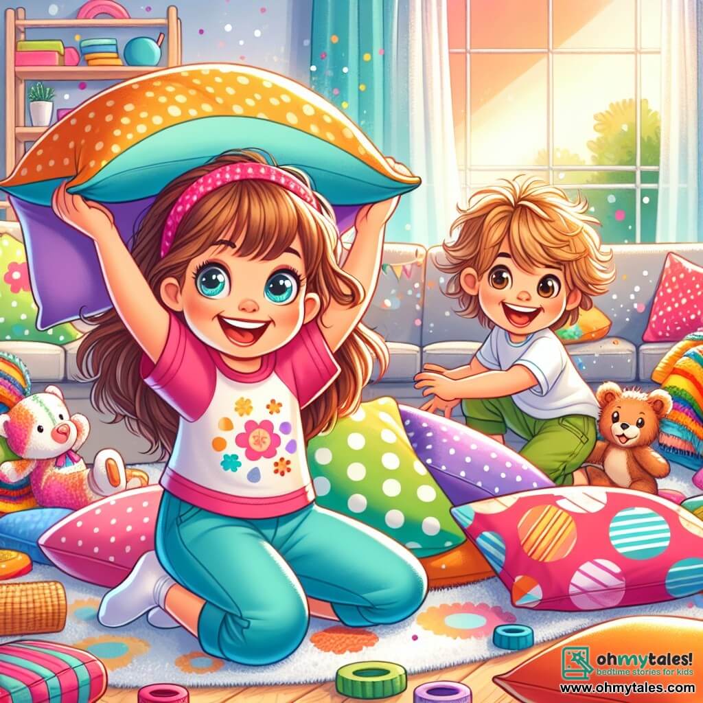 A 6-year-old girl, Sophie, with long brown hair and sparkling eyes, joyfully smiles as she builds a pillow fort in the living room. She wears a pink t-shirt and blue shorts, crouching while holding a fluffy pillow above her head. Next to her, her 4-year-old little brother Max, with messy blond hair and a mischievous grin, is having fun throwing a colorful blanket over the fort, laughing heartily. The living room is filled with colorful cushions, blankets, and scattered toys, with a large sofa in the background and sunlight streaming through the windows. The main scene shows Sophie and Max actively constructing their fort, surrounded by their stuffed animals, ready to face the "couch monster" in a playful and warm atmosphere.