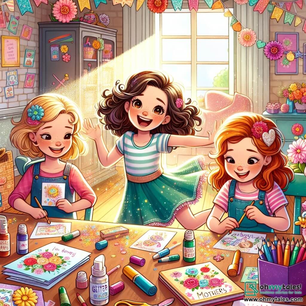 Three 10-year-old girls are gathered in a bright, colorful room. Lucy, a brunette with curly hair, is in the center, jumping for joy with a big smile. To her left, Emma, a blonde with short hair and a beaming smile, holds a box of glitter. On the right, Sophia, a redhead, showcases colorful markers, ready to draw. The scene takes place in Lucy's living room, decorated with colorful Mother's Day decorations. A large table is filled with handmade cards, paper flowers, and sparkling glitter, while sunlight streams in, creating a joyful and festive atmosphere. The girls are preparing a surprise for their mom by making cards and gifts, laughing and sharing memories, capturing the spirit of love and friendship.