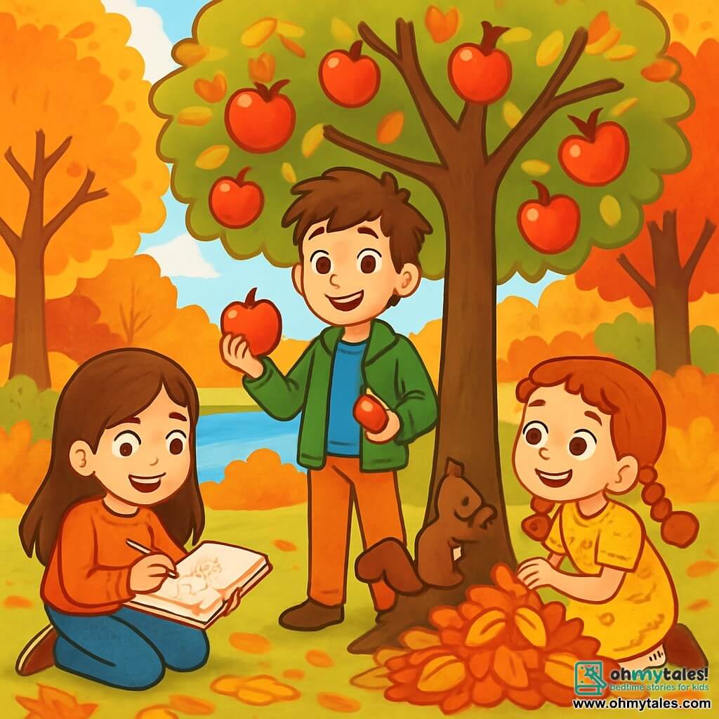 There are 3 characters: Amber, a 10-year-old girl with long brown hair, wearing an orange sweater and jeans, crouching and drawing in her notebook with a look of wonder on her face; Jake, an 11-year-old boy with messy brown hair, dressed in a green jacket and blue t-shirt, standing near an apple tree holding an apple, looking joyful and curious; and Lila, a 9-year-old girl with red curls and braids, wearing a yellow floral dress, crouching near a pile of leaves, watching a small squirrel climbing a tree trunk, her eyes shining with excitement. The setting is a vibrant autumn garden filled with trees with golden and red leaves, featuring a large apple tree at the center, its branches heavy with shiny apples. The ground is covered with a carpet of crunchy leaves, and a small pond sparkles nearby, surrounded by warm-colored bushes. The main scene shows the three friends exploring and discovering the beauty of autumn, with Amber drawing animals, Jake picking apples, and Lila observing nature, all surrounded by the bright colors of the season.
