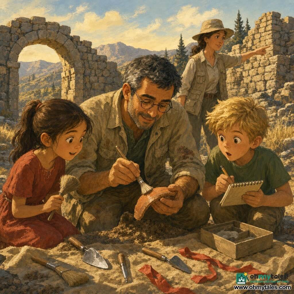 A smiling, focused archaeologist in his 40s with tanned skin, short salt-and-pepper hair, round glasses and a dirt-stained khaki jacket kneels, using a small soft brush to gently reveal a cinnamon-colored pottery shard; to his left stands Mina, about 9, brown ponytail in a simple red dress, holding a small duster and watching in wonder; to his right Leo, about 8, tousled blond hair, green t-shirt and surprised brows, leans forward with a notebook and pencil ready to draw; behind him Aya, about 35, fair-skinned, beige hat and field vest, points toward a row of piled gray stones like a low wall; the setting is an old mountain-pass caravanserai with rough gray stacked stones, a collapsed arch, pale yellow grass, dark pines and a pale blue sky with wispy clouds; on the ground a beige cloth holds tools—silver trowels, small brushes, red marking ribbons and an open label box—on sandy textured soil with patches of shadow; the scene captures the archaeologist revealing the terracotta pot rim in golden evening light with the children close by, calm respectful atmosphere, warm gouache-like colors and soft contrasts.