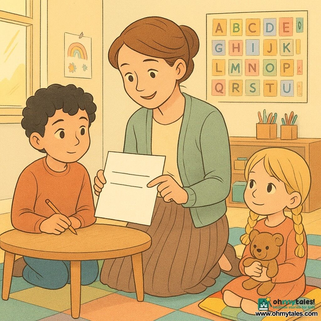 A warm, smiling female teacher with chestnut hair in a soft bun kneels by a low table showing a written sentence with a tender, proud expression. To the left, a shy but curious 7-year-old boy with curly black hair sits holding a pencil, leaning toward the teacher. To the right, a 6-year-old blonde girl with two braids watches admiringly from a colorful cushion while holding a small stuffed toy. The bright classroom has pastel walls, alphabet posters and children’s drawings, wooden shelves with art supplies, a multicolored patchwork rug and a large window pouring golden light; the scene is intimate and calm, focused on the shared sheet as the teacher gently helps the shy student improve his sentence.