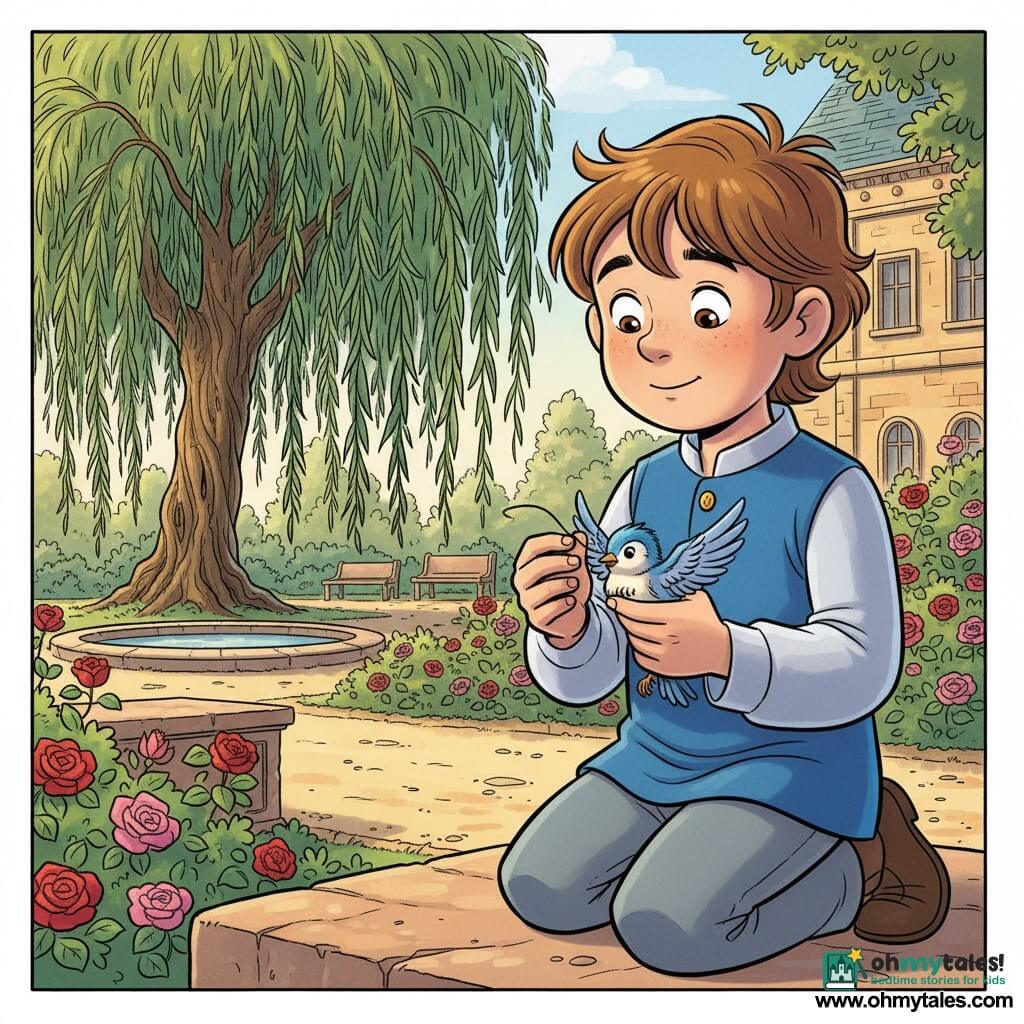 A young prince of about eight with a round face, bright hazel eyes and tousled chestnut hair kneels on a warm garden stone, gently holding a tiny blue-and-white bird whose wing is caught in a dark thread he is beginning to untangle; an old weeping willow hangs over a small pool to the left, and the morning palace garden—stone benches, rose bushes, pale gravel paths, dappled sunlight and a warm stone façade—frames the scene, which emphasizes the prince’s calm, patient hands, soft morning light, warm tones, clear drawing style with soft lines, vivid pastel colors and light shadows, composition centered on the hands and bird.