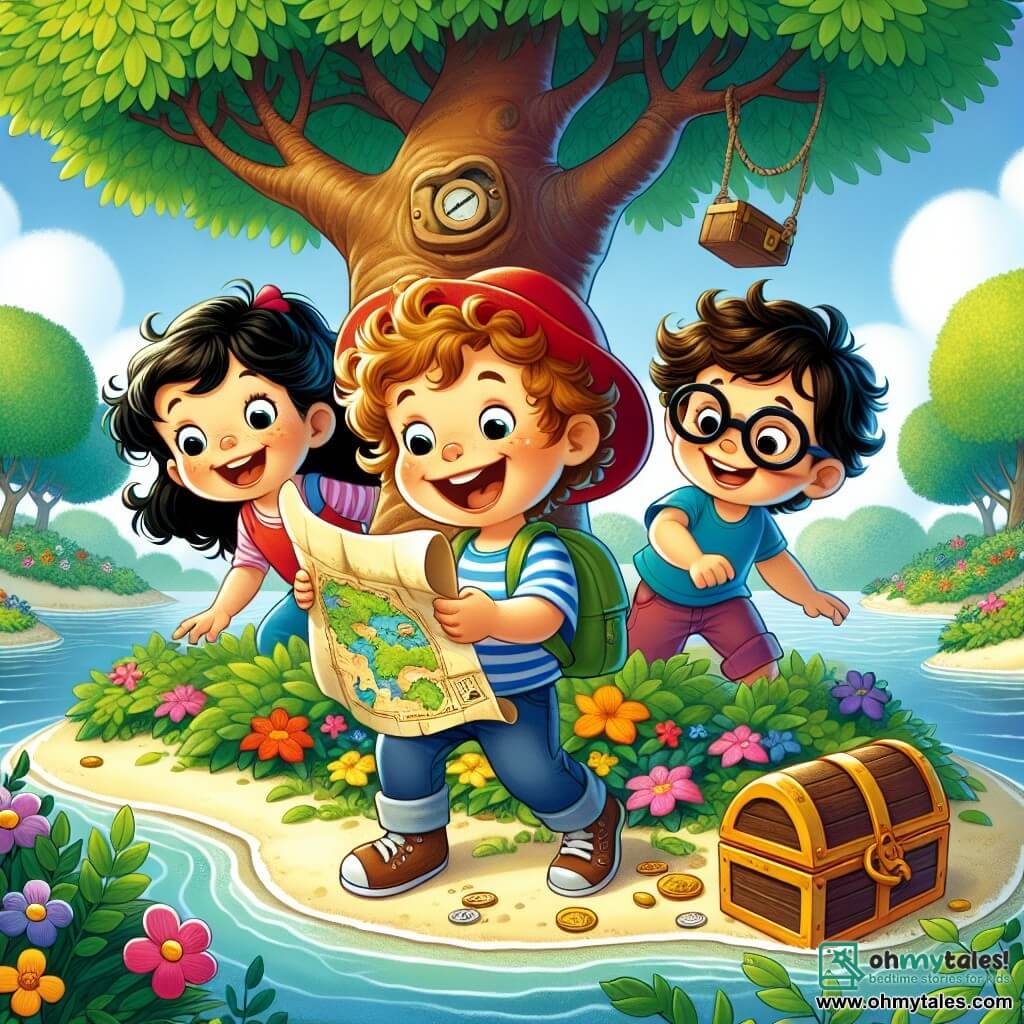 Max, a four-year-old boy with curly brown hair and a red hat, stands at the center, holding an old treasure map with a big smile on his face. To his right, Charlie, another four-year-old boy wearing large glasses and a blue t-shirt, looks at the map with curiosity, his eyes wide open. On the left, Lily, a four-year-old girl with long black hair and a colorful dress, joyfully dances around them with her arms raised in the air. Their adventure takes place on a small green island surrounded by a pond with crystal-clear water reflecting the blue sky. Tall trees with lush leaves provide shade, and colorful flowers line the path leading to a majestic tree with a wide trunk, under which lies an ancient wooden chest. The three friends are discovering a hidden treasure beneath the large tree, enthusiastically digging in the ground, their faces lit up with joy and excitement at their discovery.