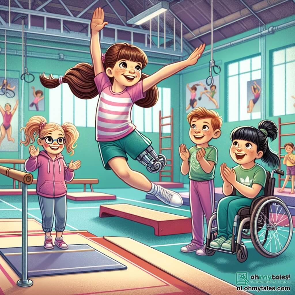 In een kleurrijke gymzaal trainen vier meisjes van 12 jaar samen. Lara, met lange bruine haren en sprankelende ogen, staat in het midden, glimlachend en in actie, terwijl ze een gracieuze sprong maakt. Rechts van haar staat Sophie, met blonde staartjes, enthousiast klappend in een roze t-shirt en blauwe shorts. Links staat Emma, een meisje in een rolstoel met kastanjebruine haren en een bril, die glimlacht en haar vriendinnen aanmoedigt in een paarse hoodie. Ten slotte staat Noor, met zwart haar en een pony, achter hen met een ondersteuningsbord en gekleed in een groene t-shirt. De gymzaal is ruim, met lichtblauwe muren en rode vloermatten. Parallelle stangen en een trampoline zijn zichtbaar op de achtergrond, terwijl posters van beroemde gymnasten de muren versieren. De hoofdactie toont Lara die een indrukwekkende sprong maakt, terwijl haar vriendinnen haar aanmoedigen met glimlachen en enthousiaste kreten, wat de teamgeest en kameraadschap in de sport illustreert.