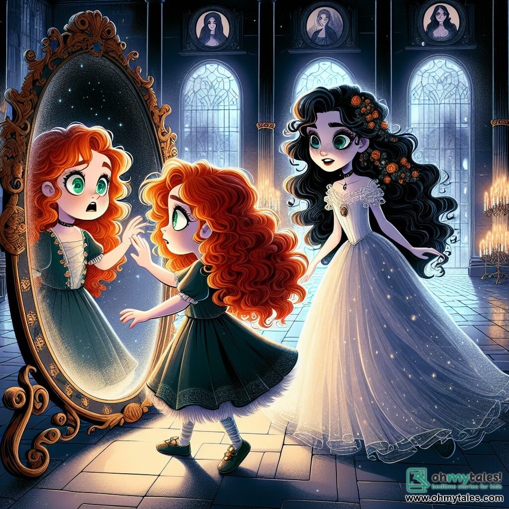 A 9-year-old girl named Emily stands in front of a large antique mirror in a mysterious ballroom. She has bright emerald eyes and fiery red hair that falls in curls around her face. Her expression is both amazed and slightly scared as she touches the cold surface of the mirror, as if about to uncover a hidden secret. Next to her, the mirror's guardian, a girl about 10 years old with night-black hair and sparkling eyes, wears a light dress that seems made of mist and light. She smiles gently at Emily, encouraging her to dive into the unknown. The vast ballroom features walls adorned with ancient portraits and large stained glass windows that let moonbeams in. The marble floor is covered in shadows that dance around them, creating a magical and mysterious atmosphere. The main scene shows Emily, fascinated, touching the mirror while the guardian watches her kindly. Shadows float around them, as if whispering secrets, while a soft light illuminates their encounter in this enchanted place.