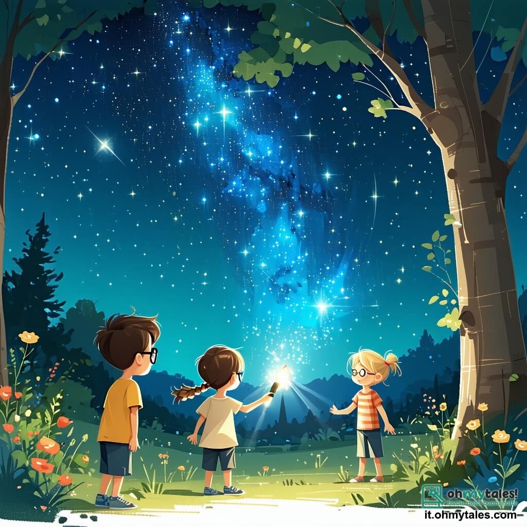In una radura incantata, quattro bambini si trovano attorno a un piccolo astronave scintillante. **Luca**, un ragazzo di 10 anni con capelli castani disordinati e occhiali rotondi, guarda con meraviglia l'astronave, con le mani sui fianchi. **Giorgia**, una ragazza di 9 anni con capelli biondi intrecciati e occhi brillanti, si avvicina all'astronave con un sorriso curioso, tenendo una torcia in mano. **Marco**, un ragazzo di 11 anni con capelli neri e lentiggini, è accovacciato vicino all'astronave, esaminando con fascinazione uno strano attrezzo alieno. **Sara**, una ragazza di 10 anni con capelli castani e occhiali da sole sulla testa, osserva il cielo stellato con un'espressione sognante. La radura è circondata da alberi con tronchi spessi e foglie verdi brillanti, mentre una dolce luce verde emana dall'astronave, illuminando i volti dei bambini. Al centro della scena, Zog, un piccolo extraterrestre con occhi rotondi e brillanti, pelle verde e antenne, sorride gioiosamente tenendo un cristallo luminoso. I bambini stanno aiutando Zog a riparare la sua astronave, creando un'atmosfera di avventura e amicizia.