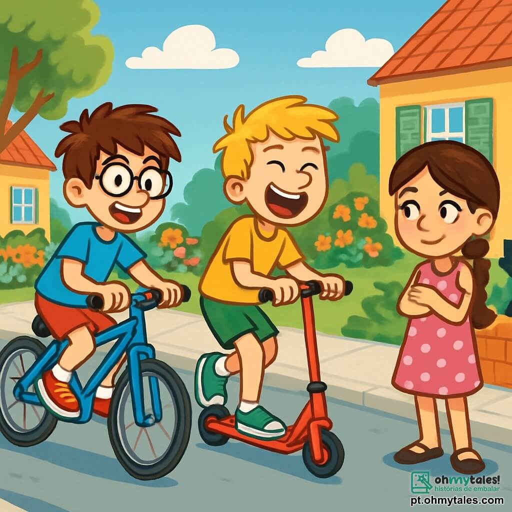 Há 3 personagens: Tomás, um garoto de 12 anos com cabelos castanhos bagunçados e óculos redondos, vestindo uma camiseta azul viva e um short vermelho, pedalando em sua bicicleta azul; Rodrigo, um garoto de 11 anos com cabelos loiros e sardas, usando uma camiseta amarela e tênis verdes, deslizando em sua patinete vermelha e rindo; e Sofia, uma menina de 8 anos com longos cabelos castanhos trançados e um sorriso travesso, vestindo um vestido rosa com bolinhas, de pé na calçada, de braços cruzados, encorajando-os com uma expressão divertida. O cenário é uma rua movimentada, com casas coloridas e jardins floridos. Crianças brincam ao redor, e um gato preto se estira ao sol em um muro. O céu é azul com algumas nuvens brancas, criando uma atmosfera alegre e cheia de vida. A cena principal mostra Tomás e Rodrigo em uma corrida divertida, enquanto Sofia observa seriamente, pronta para cronometrar. Tomás está na bicicleta, e Rodrigo faz manobras na patinete, ambos determinados a vencer, criando uma cena cheia de energia e camaradagem.