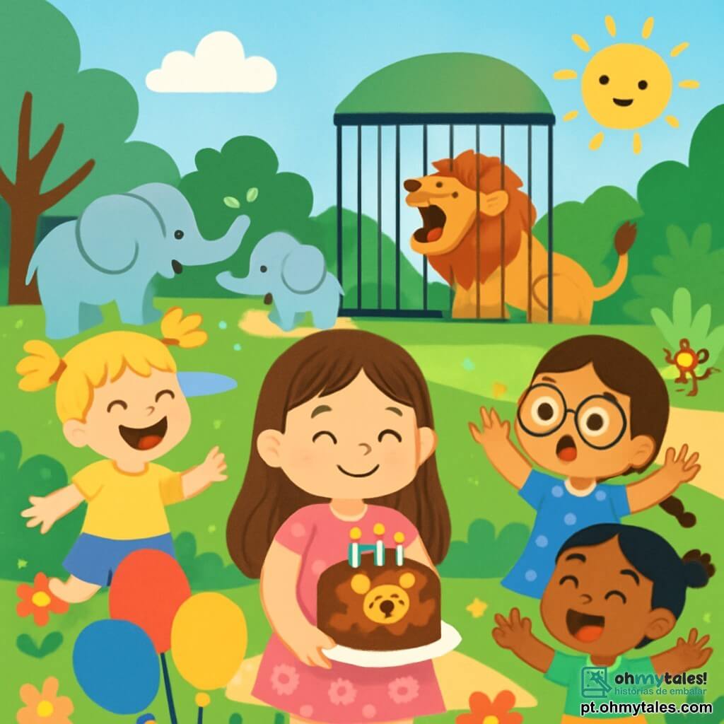 Há 4 crianças: Ana, uma menina de 2 anos com cabelos longos e castanhos e olhos brilhantes, vestindo um vestido rosa com flores e segurando um bolo de aniversário de chocolate. Bia, também de 2 anos, tem cabelos loiros em tranças e um sorriso radiante, vestindo uma camiseta amarela e shorts de jeans, rindo ao ver os elefantes. Clara, com cabelos castanhos e óculos redondos, usa um vestido azul com bolinhas e aponta para um leão rugindo. Dora, com cabelos negros em tranças, veste uma camiseta verde e uma saia listrada, pulando de alegria ao ver os macacos. As crianças estão no zoológico, cercadas por árvores verdes e flores coloridas. Ao fundo, há uma grande jaula com um leão majestoso e um recinto com elefantes se divertindo na água. O céu é azul e ensolarado, com algumas nuvens brancas. A cena principal mostra as quatro amigas celebrando o aniversário de Ana no zoológico, rindo e se divertindo com animais magníficos e um bolo de aniversário em forma de leão em uma mesa decorada com balões coloridos.