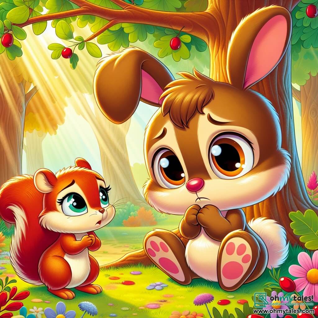Benny Bunny, a small rabbit with large ears and soft brown fur, stands in the center of the image with a worried look on his face, his round, bright eyes betraying a hint of sadness. He is sitting on his hind legs, ears drooping, holding a small piece of paper in his front paws. Next to him, Lucy Squirrel, a squirrel with reddish fur and a cream-colored belly, looks at Benny with an understanding smile, her eyes sparkling with kindness. She is perched on a low branch of a tree, her front paws crossed, ready to listen to her friend. The setting unfolds under a large oak tree with bright green leaves, sunlight filtering through the branches, illuminating the ground scattered with colorful flowers and red berries. The main situation shows Benny, a bit nervous, confessing to Lucy that he took a berry without asking, while a gentle breeze makes the leaves dance around them, creating a soft and warm atmosphere.